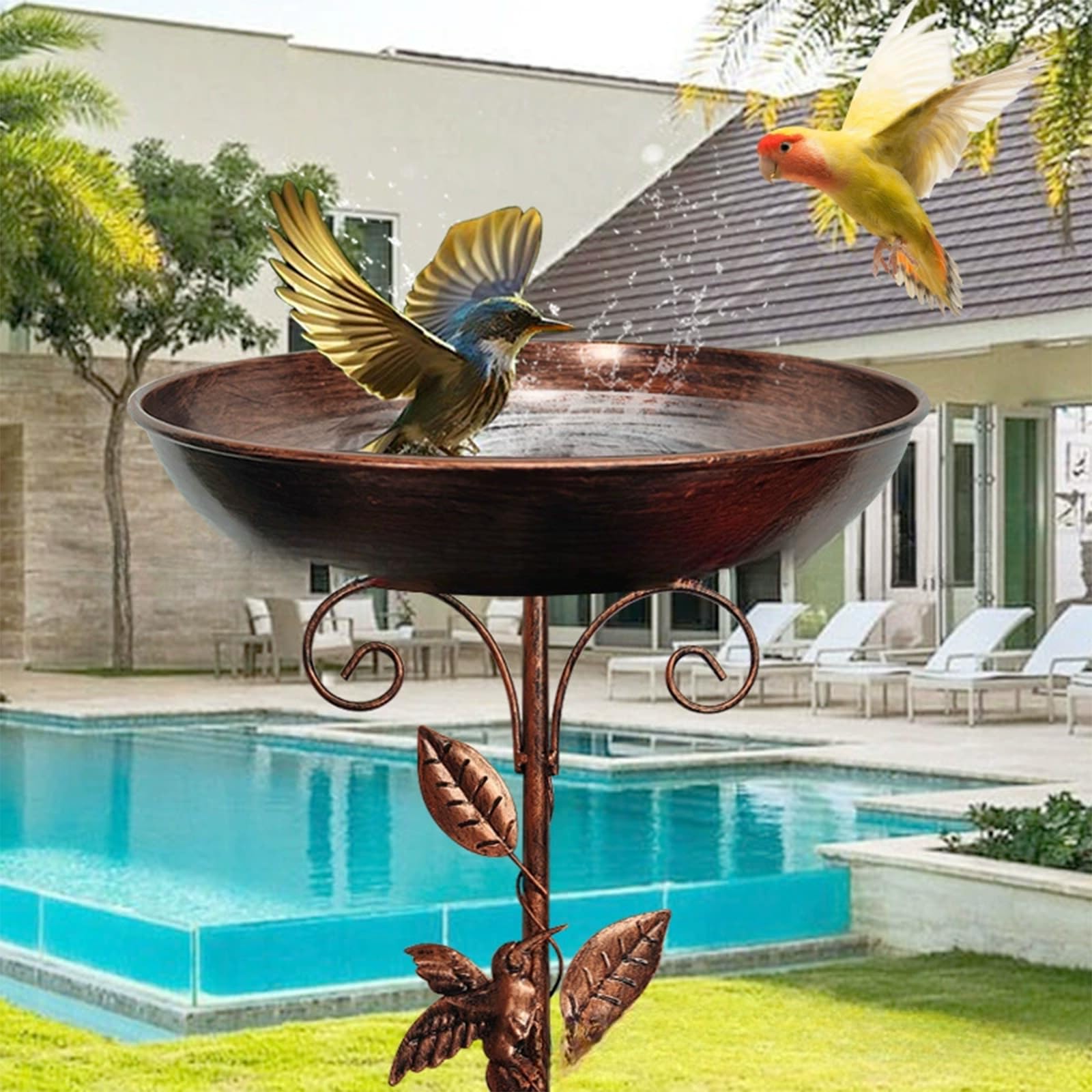 Bain d'oiseaux debout pour oiseaux - Bain d'oiseaux pour le jardin - Bain d'oiseaux avec oiseau et feuille - Base améliorée à 5 dents - En métal - Pour terrasse, cour, décoration de pelouse
