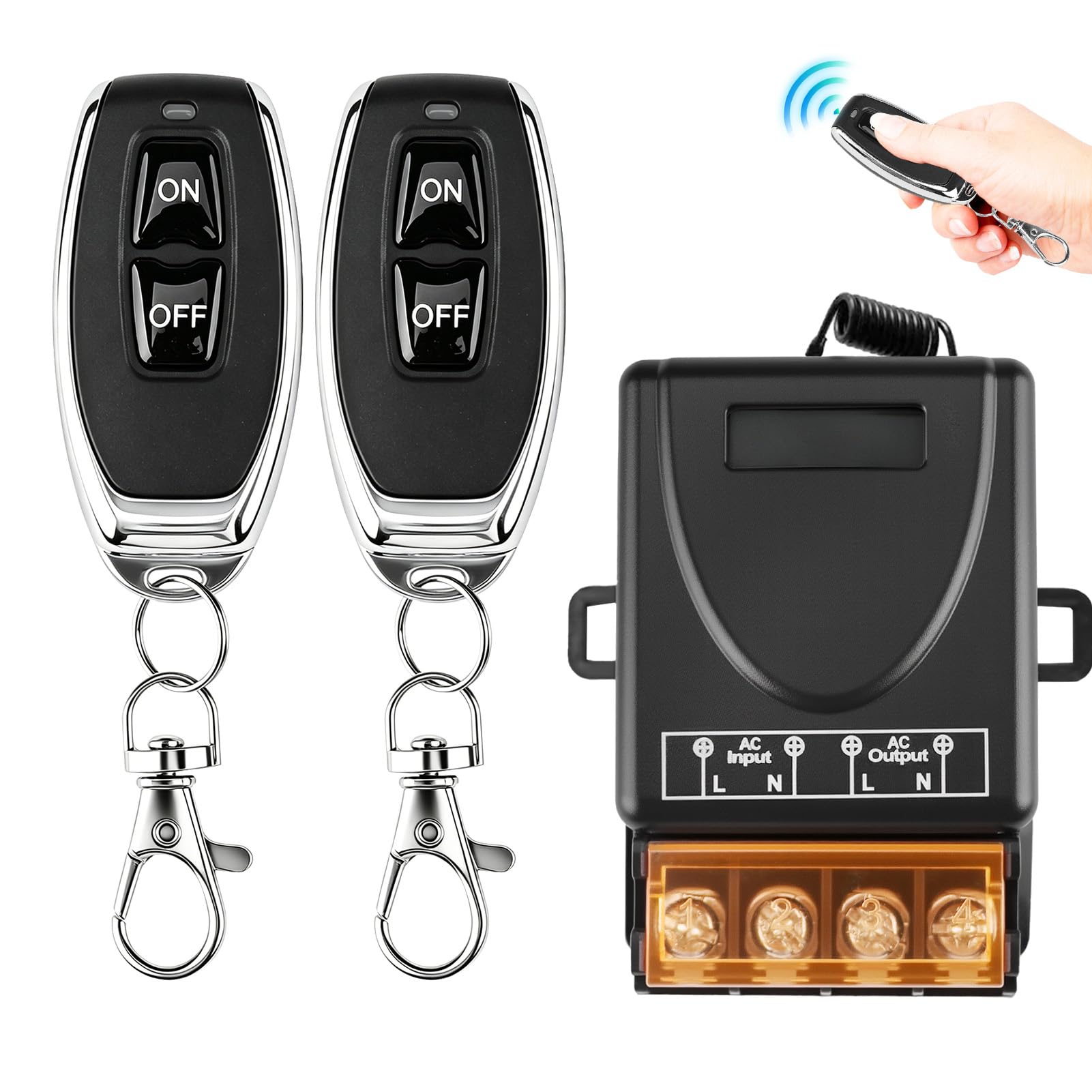 Wireless Remote Control Switch 433MHz, DC 12V-72V AC 220V-240V 30A High Power Relay Receiver with 2 Key Fobs, Long Range RF Transmitter for Water Pump, Car Anti-Theft Alarms, Security Systems, Roller