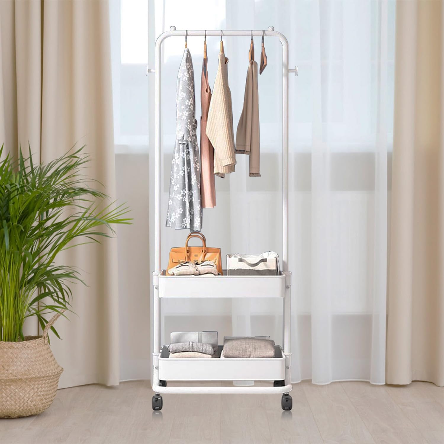 GKEVERSpace-Saving Rolling Clothing Rack, Freestanding Hanger with Wheels, Sturdy Metal Garment Rack for for Home Bedroom (white)