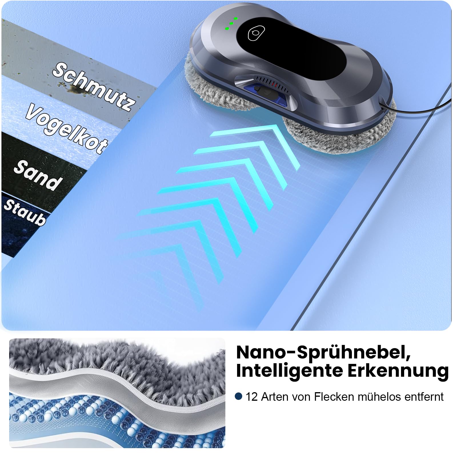 Keero Fensterputzroboter 2026 Neuheit, 6000Pa, Doppeldüsen-Sprühfunktion, <65dB, Sicherheitssystem, Intelligente Navigation, 10 Reinigungstücher, Für Fenster/Fliesen zu Hause (W22D)