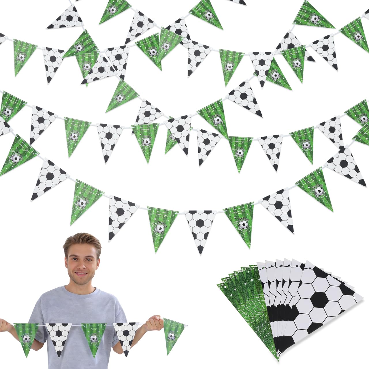 Fanions de football en papier lot de 5 guirlandes triangulaires vertes et blanches