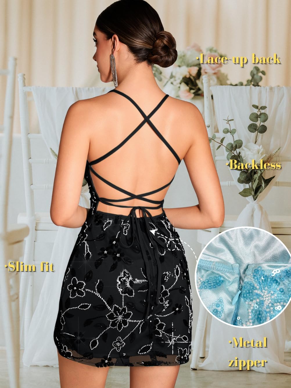 Beaded Sequin Dress,Backless Floral Mini Dresses for Women,Homecoming Cocktail Party Sparkly Outfits - Image 5