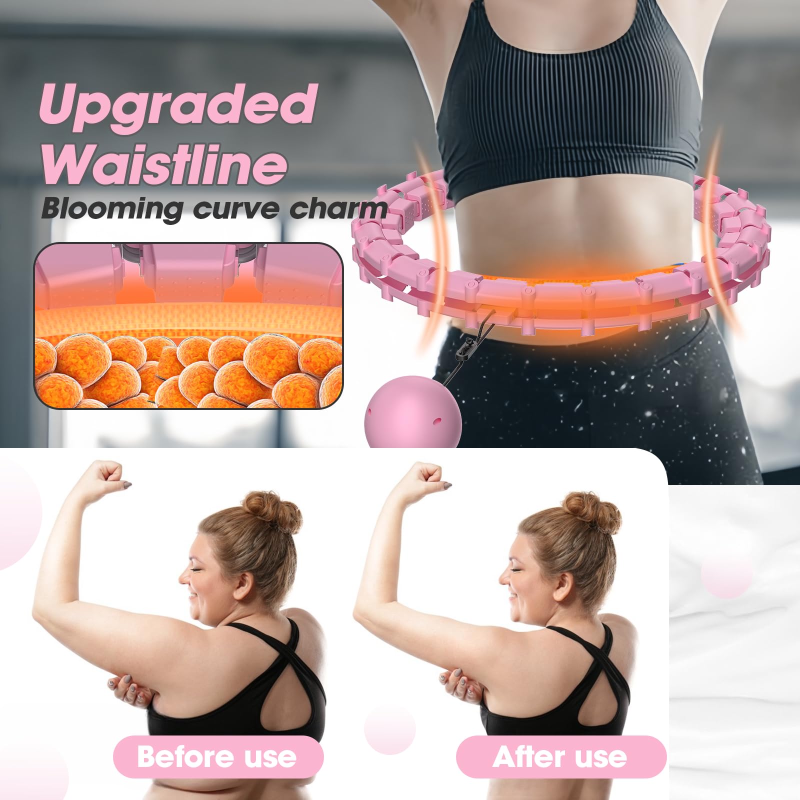 Smart Hoop Cerceau pour adulte avec boule de poids, ultra silencieux, pour perdre du poids, avec 32 segments amovibles, cerceau pour perdre du poids, tour de taille maximum 165 cm (rose)