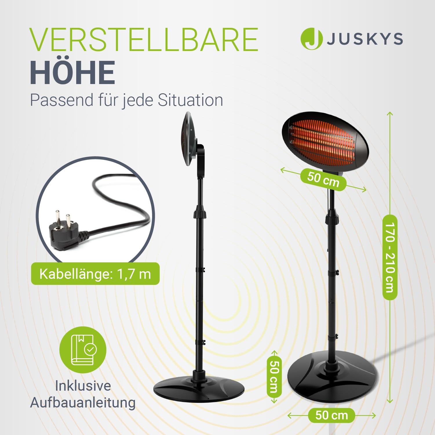 Juskys Infrarotstrahler 2000 W – Heizstrahler in Schwarz, höhenverstellbarer Standheizstrahler, 3 Heizstufen für Terrasse & Garten