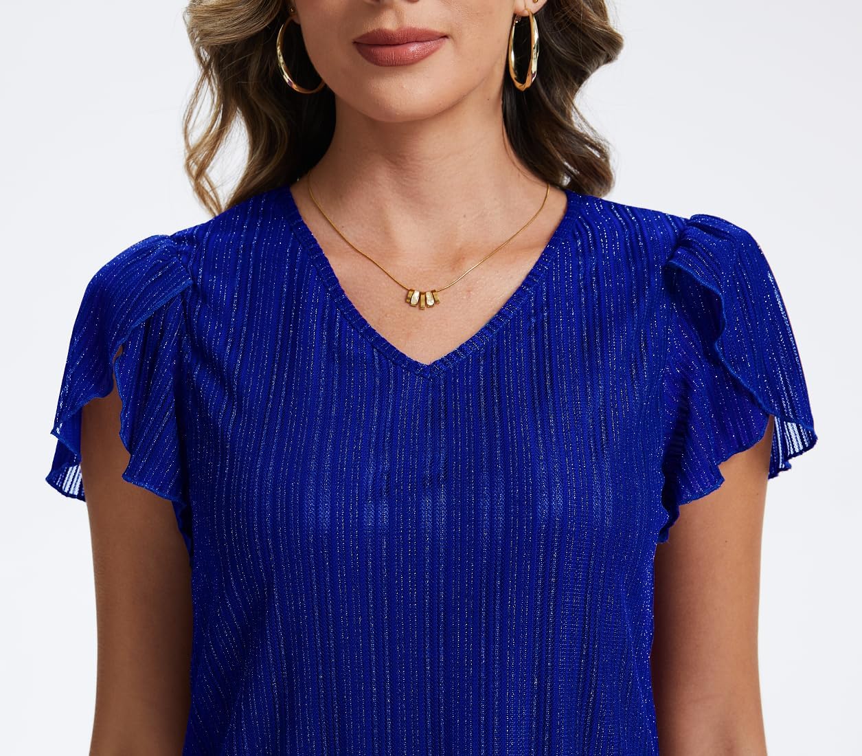 Womens Glitter Tops Short Sleeve Dressy V Neck Sparkly Casual Double Layers Shirts - Image 5