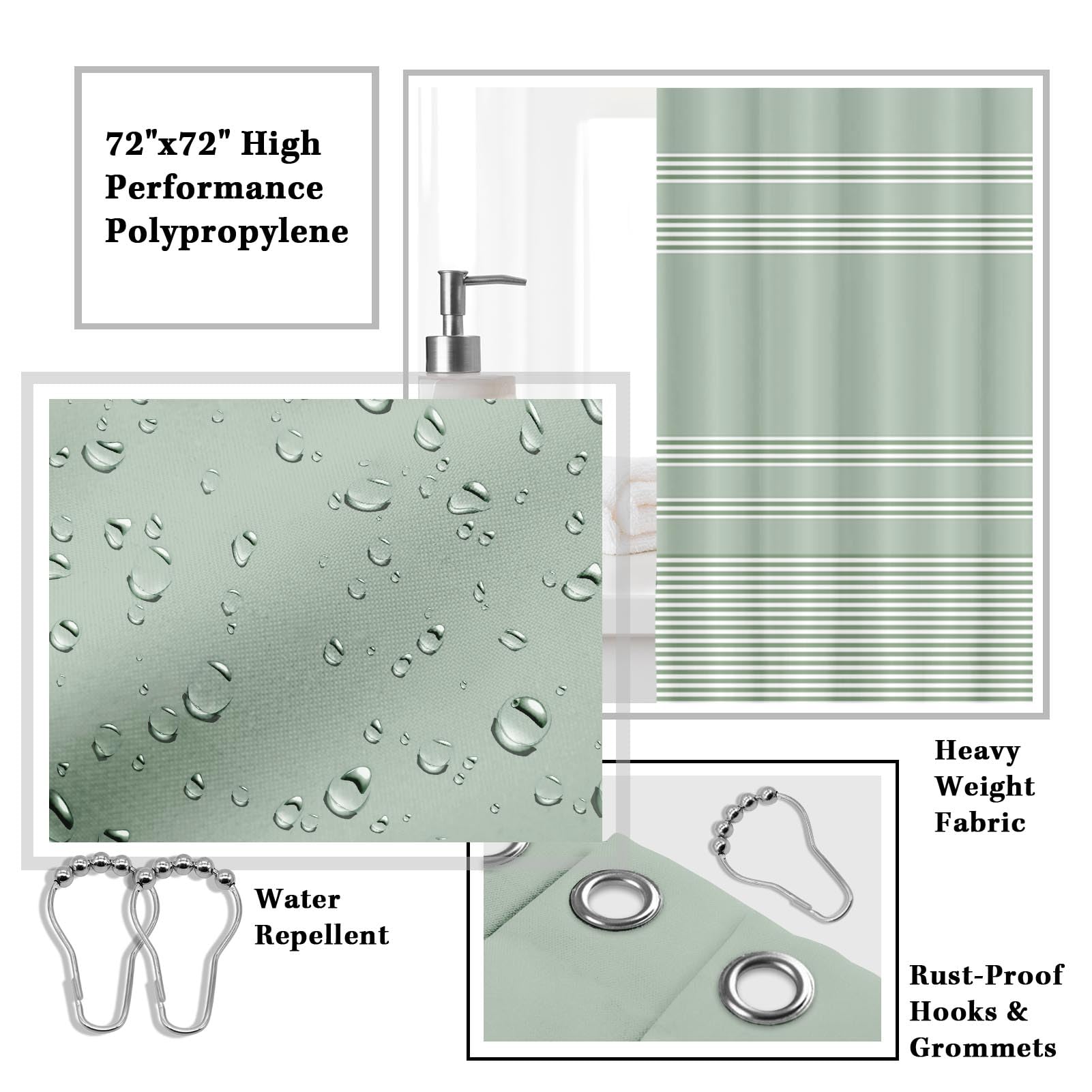 Britimes Badezimmer-Zubehör-Sets, salbeigrün Duschvorhang-Set mit Mülleimer, Seifenspender, WC-Bürstenhalter, Zahnbürstenhalter und Zahnbürstenbecher für Badezimmer-Dekor (Grün)