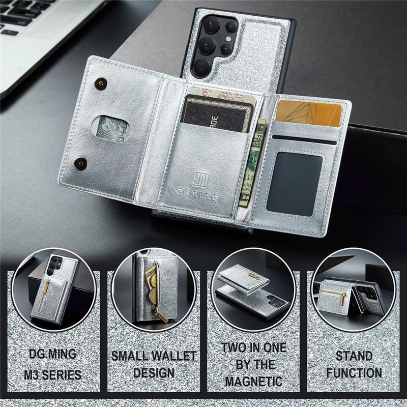 Galaxy Z Fold 5 etui ochronne 【brokatowe, 2 w 1, zdejmowane, funkcja stojaka】 Magnetyczna kieszeń portmonetka Back Case Cover etui z portfelem do Samsung Galaxy Z Fold 5 - srebrne