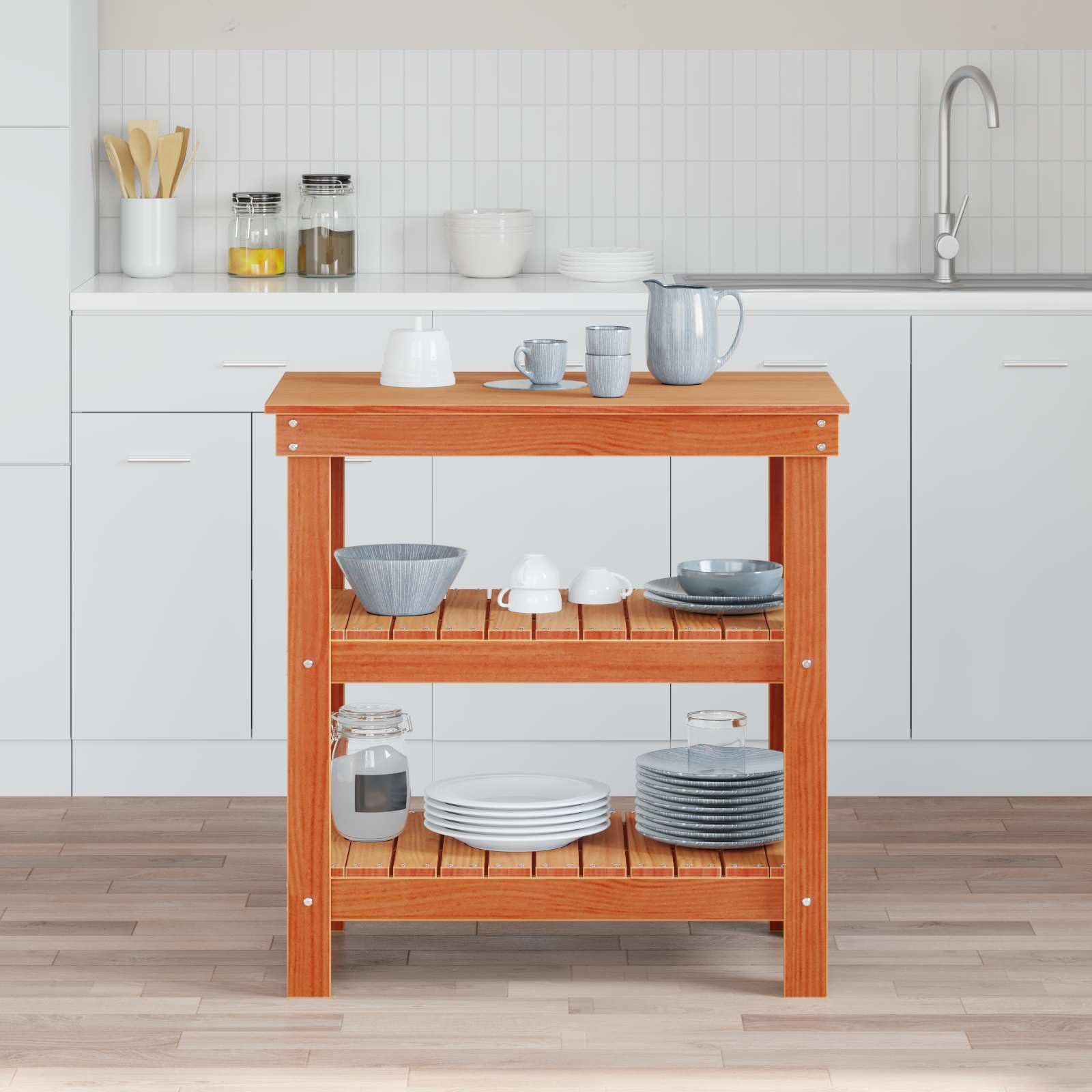 Banco da lavoro marrone cerato in legno di pino massiccio, 78,5 x 50 x 80 cm, con 2 ripiani, tavolo da lavoro ideale per officina, garage, hobby e bricolage, piano di lavoro robusto
