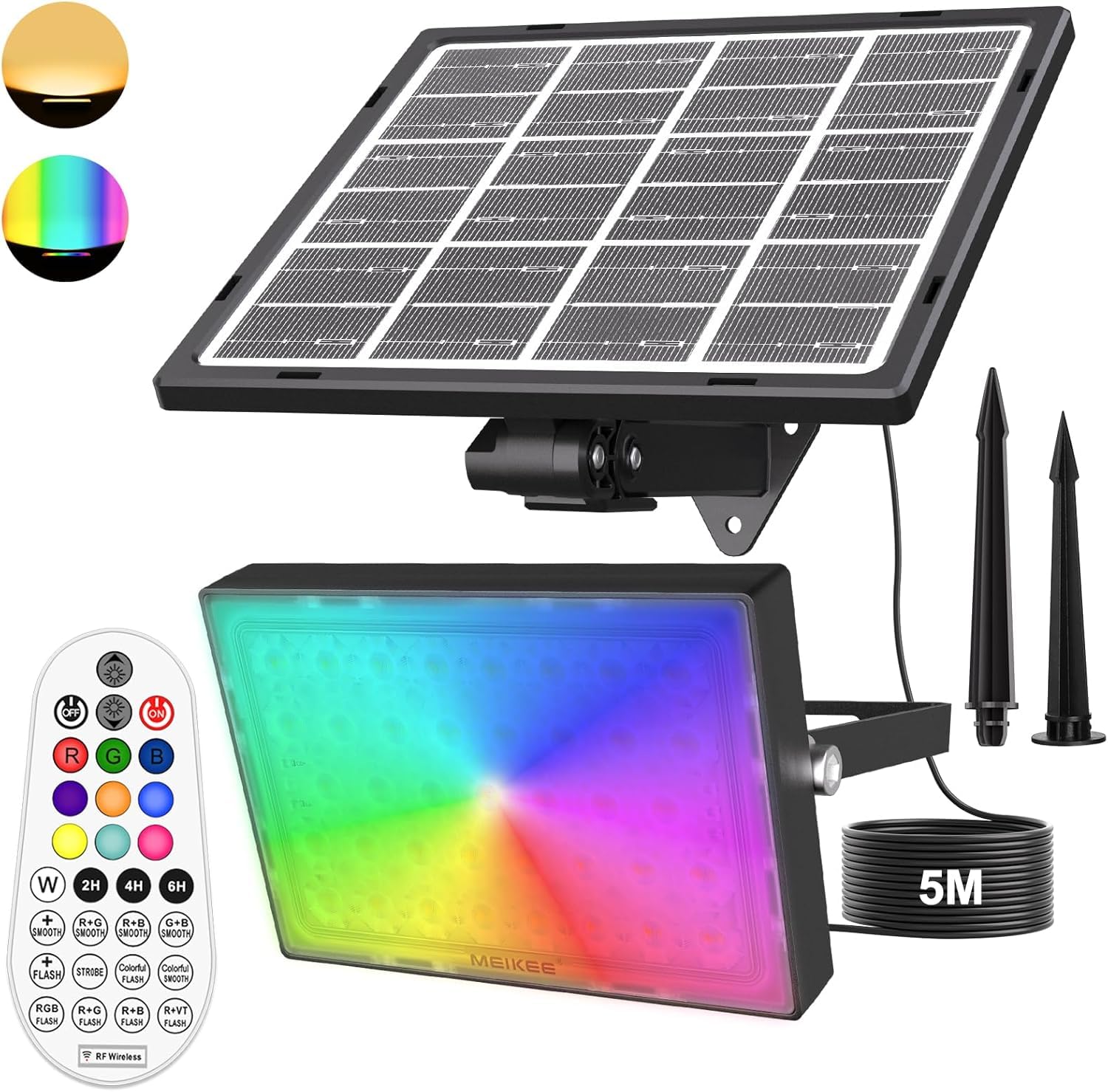 MEIKEE RGB Strahler 30W mit Fernbedienung RF 360° Solar Strahler Bunt IP66 Wasserdicht Solarlampen Farbewechsel 10 Farben 30 Dynamische Modi Timer Solarleuchte Farbig für Garten Party Weihnachten