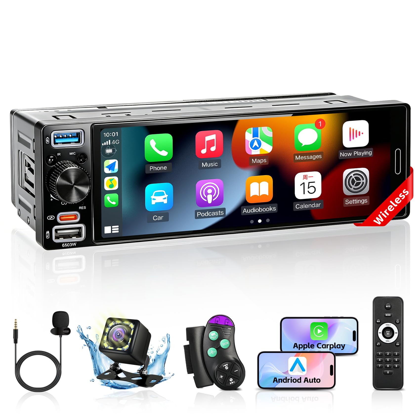 Single Din Car Stereo with Wireless Apple Carplay &amp; Android Auto, 6.5" Full Laminated HD Touchscreen Car Radio with Bluetooth 1080P Backup Cam Navigation Mirror Link AM/FM USB &amp; Type-C Charging EQ SWC