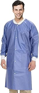 Disposable Lab Coats. Pack of 10 Blueberry Adult Lab Coats Small. SMS Anti-Static Coating 45 gsm. Unisex Lab Coats with Long Sleeves, Knit Collar, Cuffs and Pockets. Snap Closure. Non Sterile Uniform.