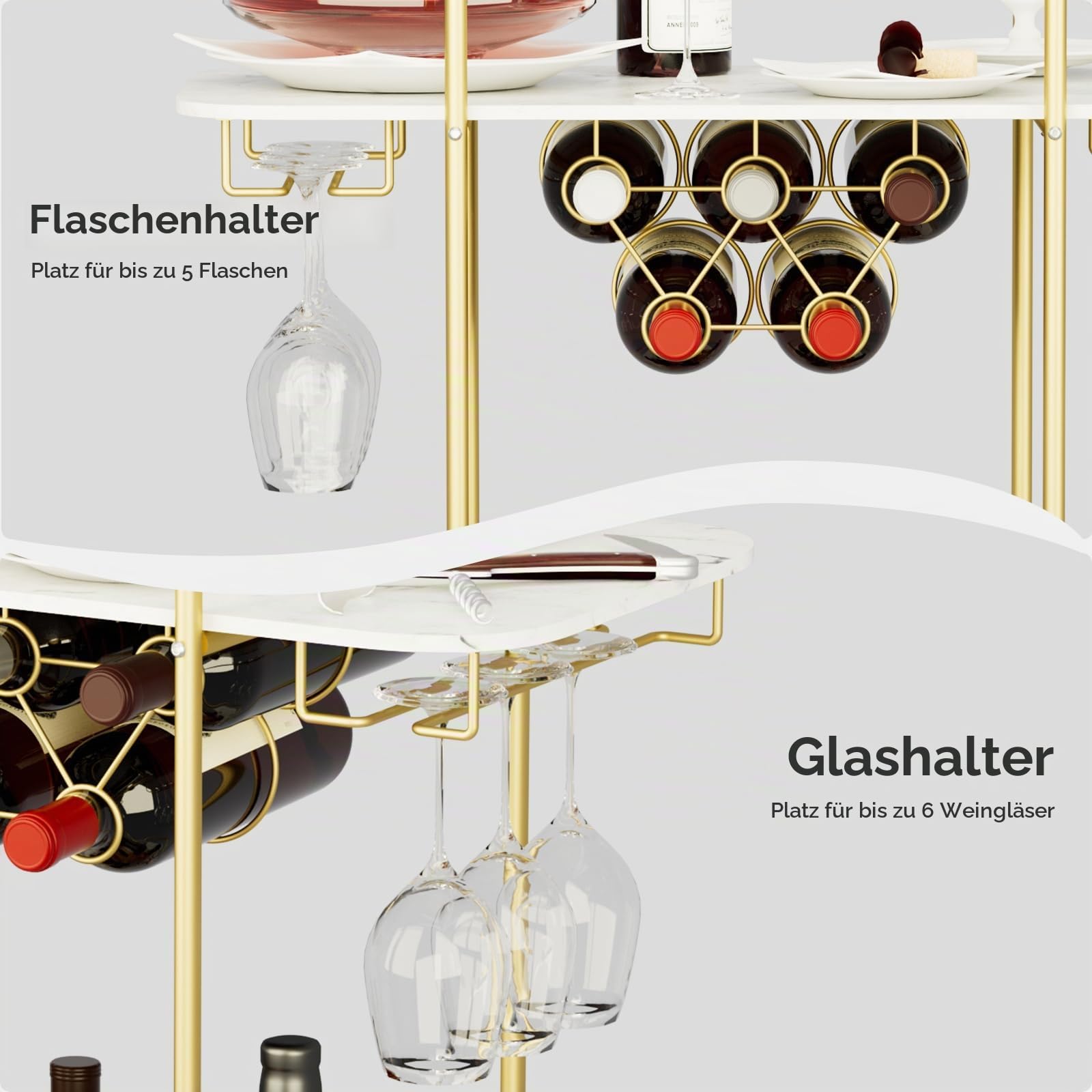 2-stufiger Bar-Servierwagen, mobiler Getränkewagen, Gold