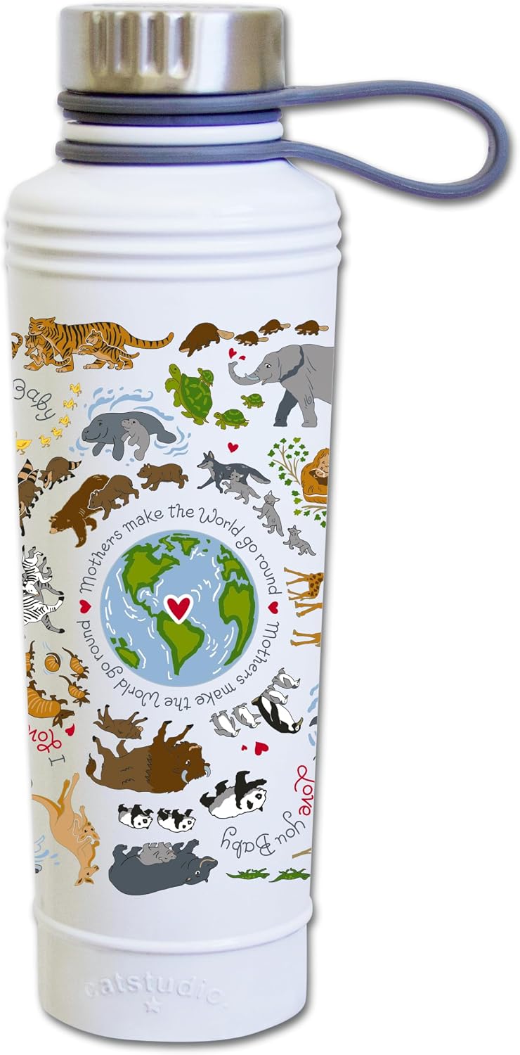 Catstudio Stainless Steel Water Bottle, Mom Reusable Water Bottle, BPA Free, Triple Wall Insulation, Celebrating Moms 18oz White Metal, Keeps Drinks Cold for 24 Hours