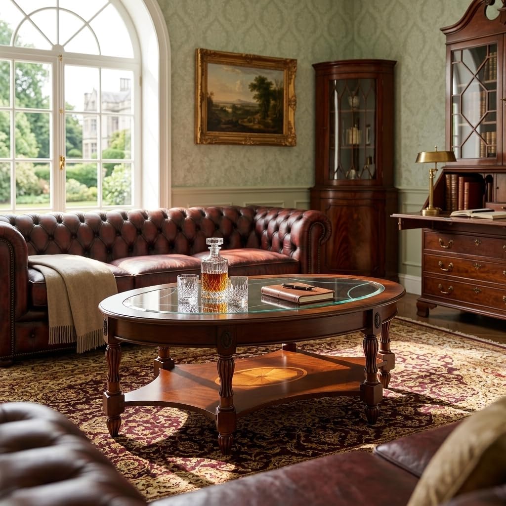 Large Oval Coffee Table with Tempered Glass for Living Room, Cocktail Table with Open Storage Shelf, Modern Sofa Center Table for Office, No-Tools Assembly Cherry Walnut KFZ1533GT