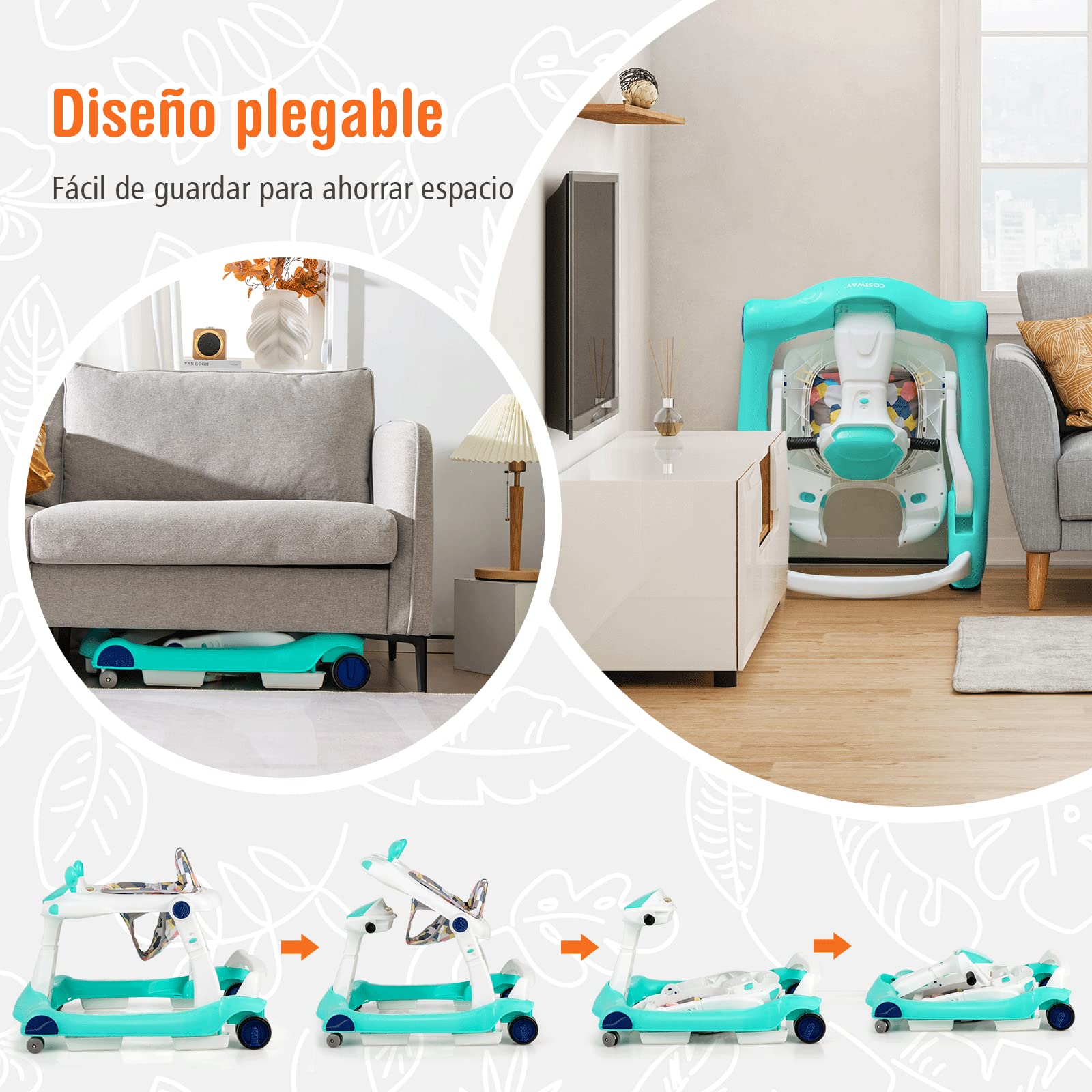 COSTWAY Andador 2 en 1 para Niños, Plegable con Altura y Velocidad Regulables, Carillón con Luces, Volante y Cojín Cómodo, de Empuje para Niños de 6 a 18 Meses