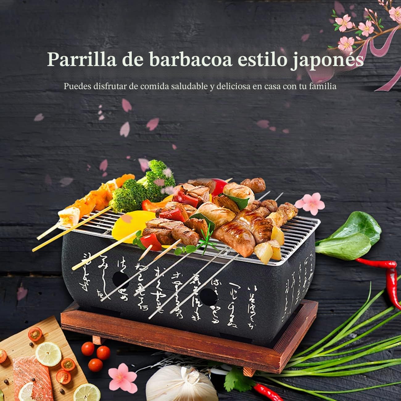 Parrilla Japonesa de Aleación de Aluminio, 13.5 x 13.5 x 24.6cm Barbacoas de Carbón Mesa Terraza Portatil Mini Cuadrada Estufa Alcohol Carne Estufa con Base de Madera para Barbacoa Pescado Camarones