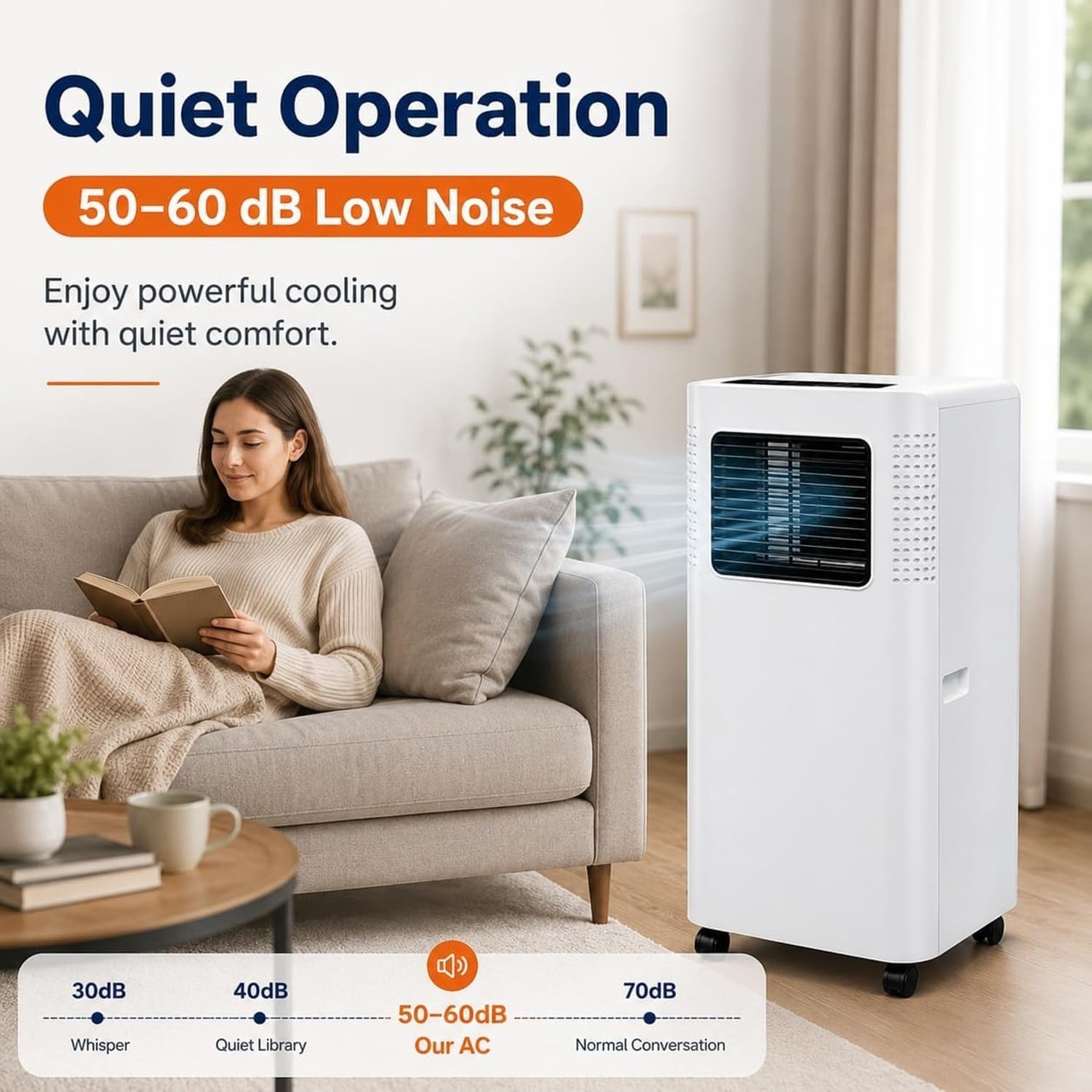 Aire Acondicionado Portátil 7000 BTU, 2 en 1 Frío y Deshumidificador, Control de Temporizador, Modo Sueño, Bajo Ruido 50-60 dB, Ventilación por Ventana Fácil, p
