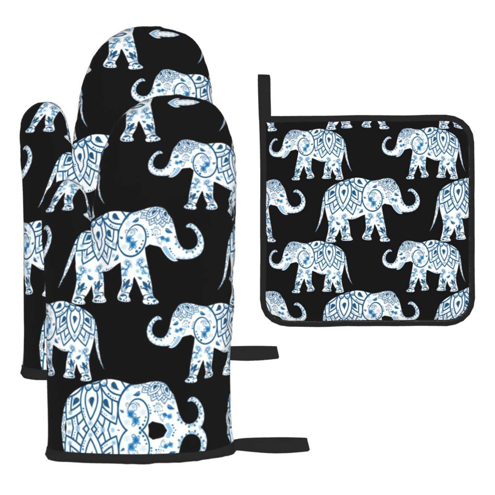 Elephant Oven Mitts and Pot Holder Kitchen Set for Grilling, Cooking, Baking, Heat Resistant