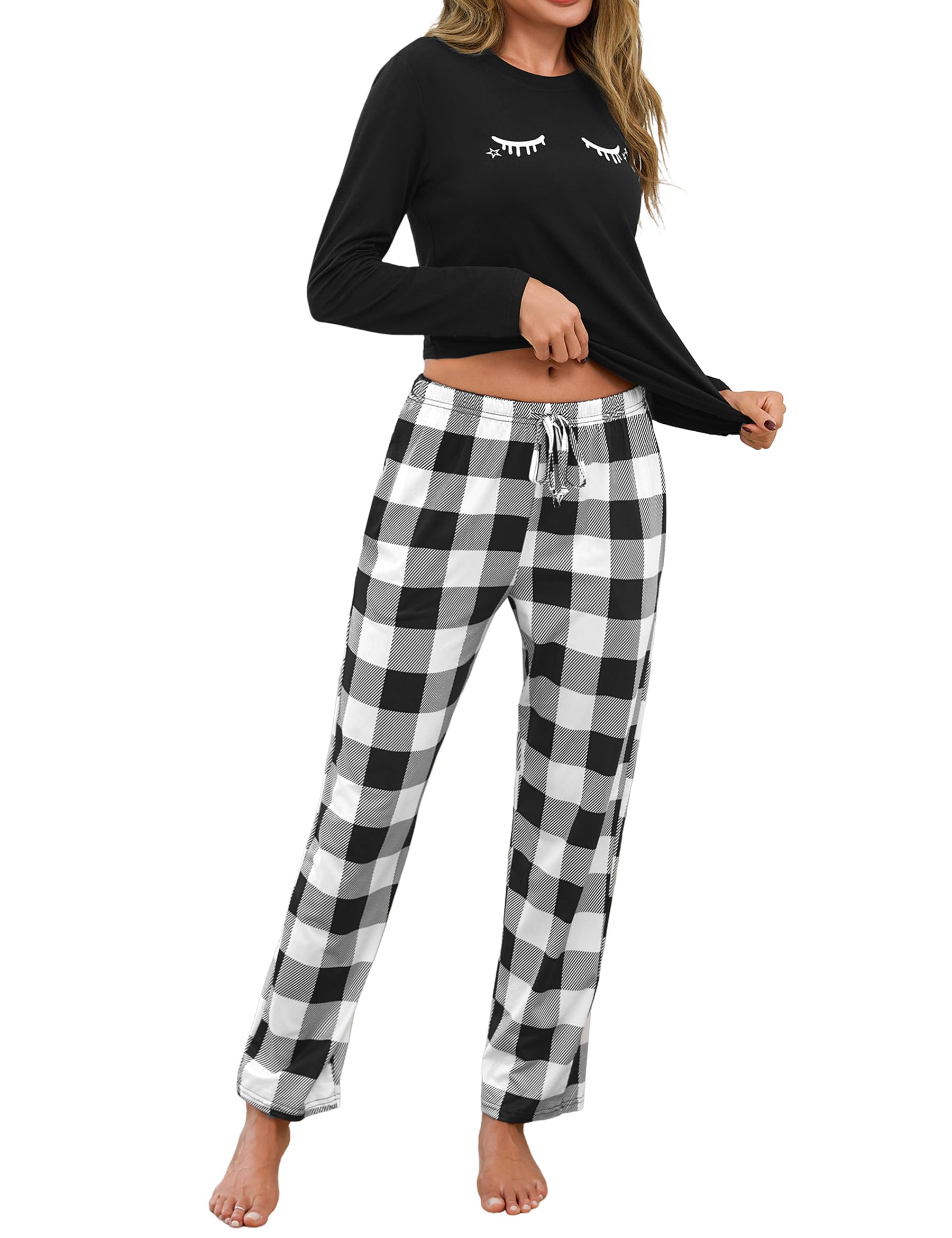 Uniexcosm Schlafanzug Damen Lang Pyjama Set mit Katzenprint | zweiteilig Baumwolle Nachtwäsche mit Katzenprint Punkthose Kordelzug und Taschen für Schlafen und Zuhause