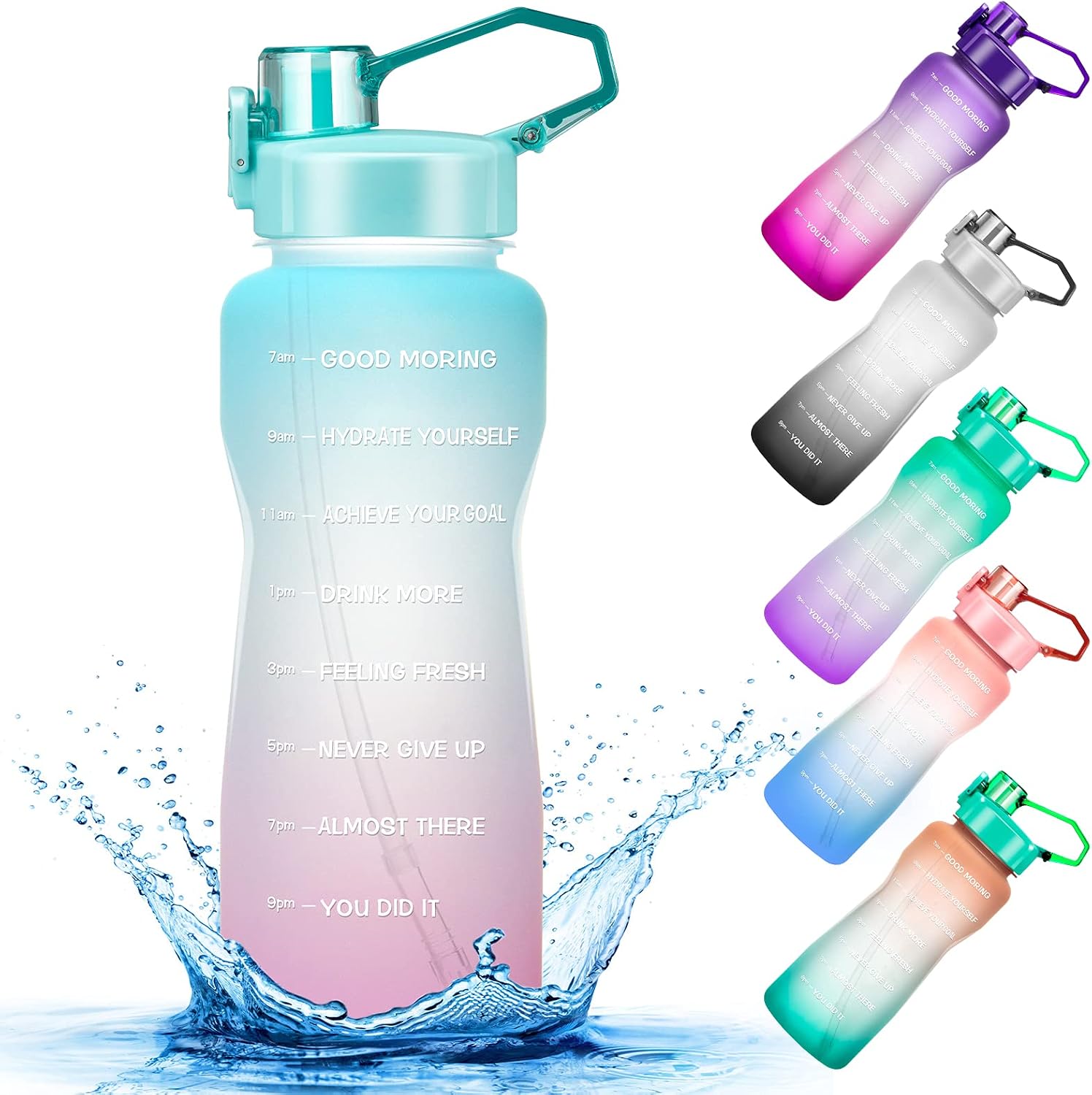 Half Gallon/64 oz Water Bottle, Large Motivational Water Bottles with Time Marker & Straw, 100% Spill Proof BPA Free Tritan Water Jug, for Fitness, Gym, and Outdoor Sports