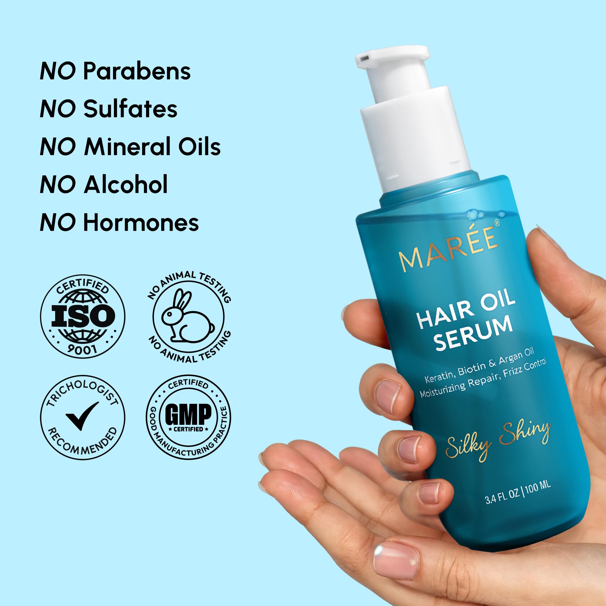 MAREE Hair Oil for Frizzy Hair with Argan Oil, Keratin & Biotin – Hair Serum for Dry and Curly Hair Gloss – Frizz Control Hair Care Products for Women – Aceite Para el Cabello – Keratin Hair Treatment