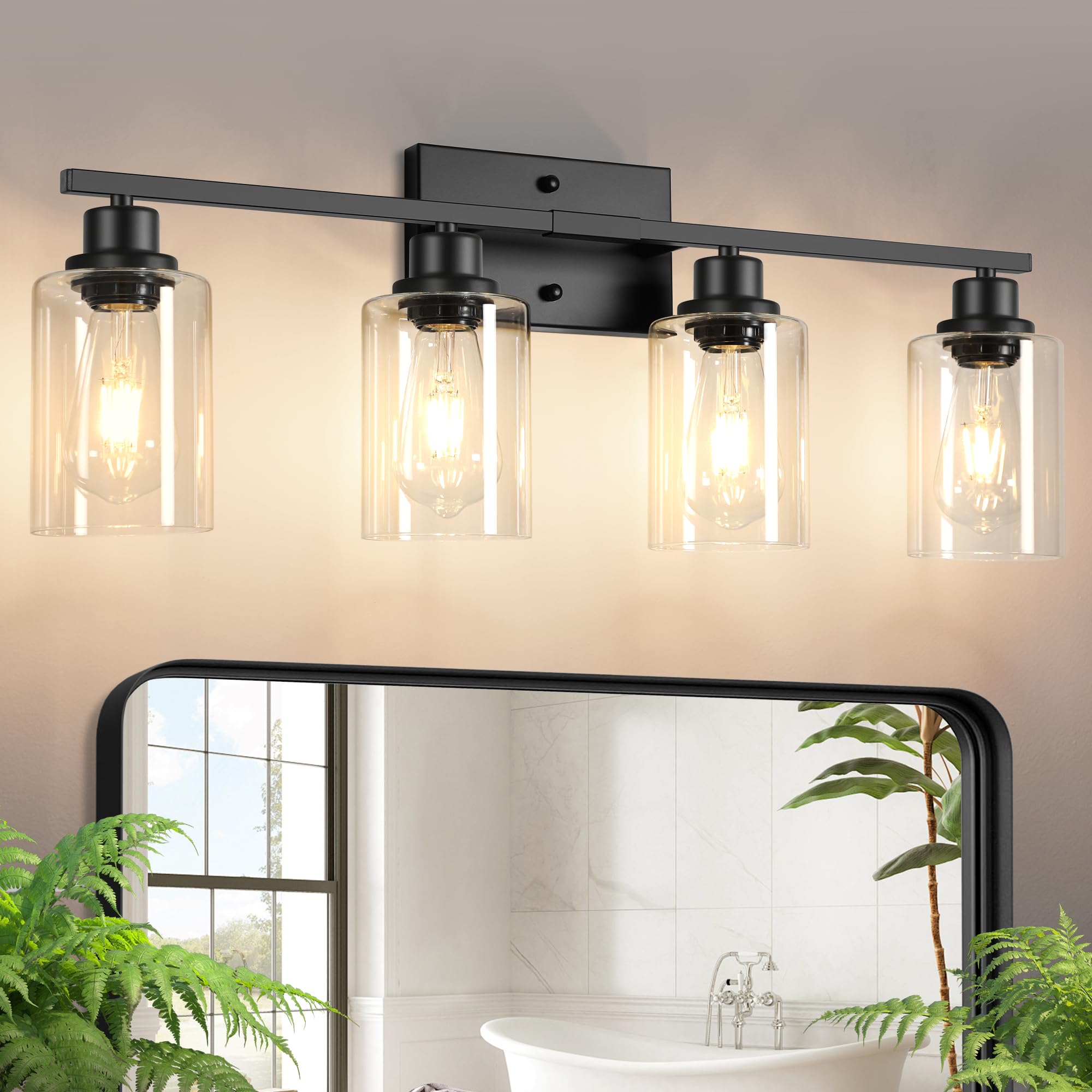 Ascher Bathroom Light Fixtures, 4-Light Vanity Light Over Mirror, Matte Black Wall Sconces with Clear Glass Shades, Wall Lamp for Living Room Bedroom, E26 Base(Bulbs Not Included)