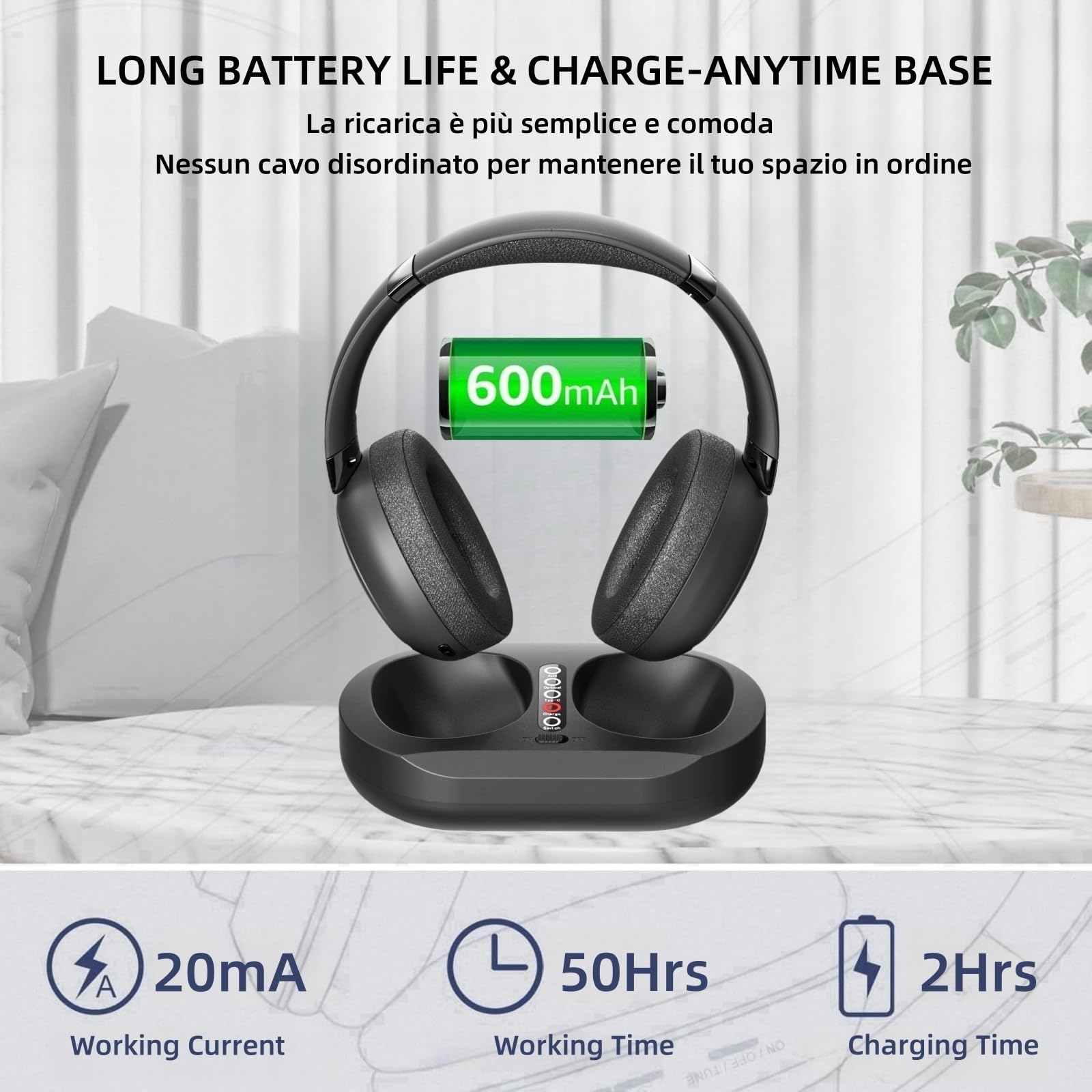 Cuffie TV Senza Fili per Anziani con Dock Trasmettitore, 2.4G RF & Bluetooth 5.3 Compatibili con Tutti i Televisori, Nessun Ritardo Audio, 50 Ore Autonomia, Plug and Play, Regalo per Genitori Anziani