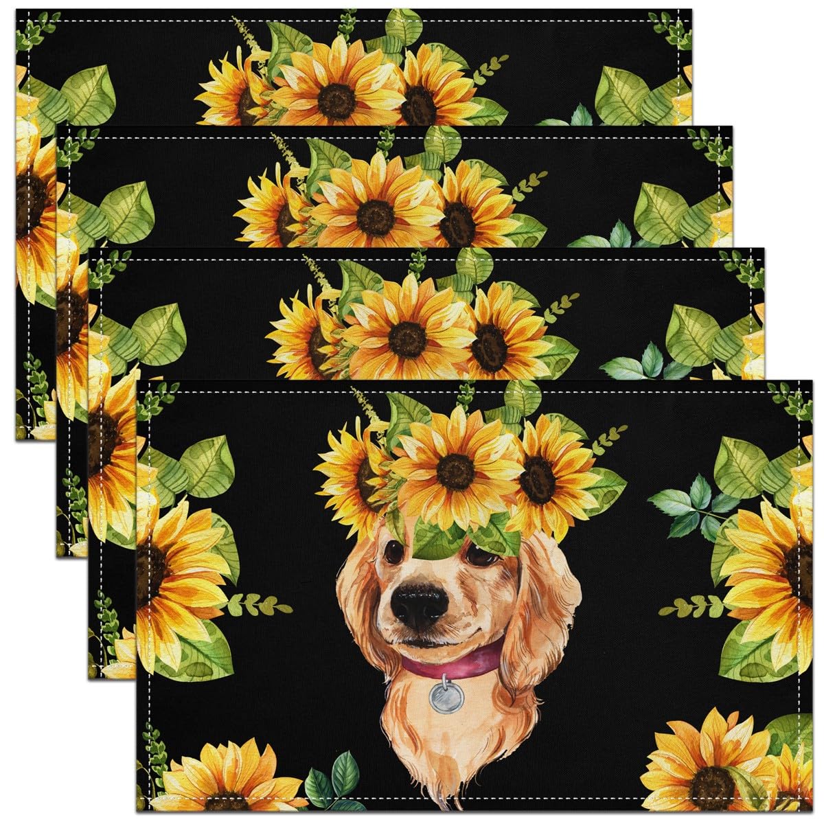 Dog Placemats Set of 4 45X30cm Kids Farmhouse Sunflower Placemats for Dining Table Indoor Outdoor Kitchen for Girls Boys Cute Puppy Animal Floral Table Mats Placemat Dog Lover Kitchen Dining Table