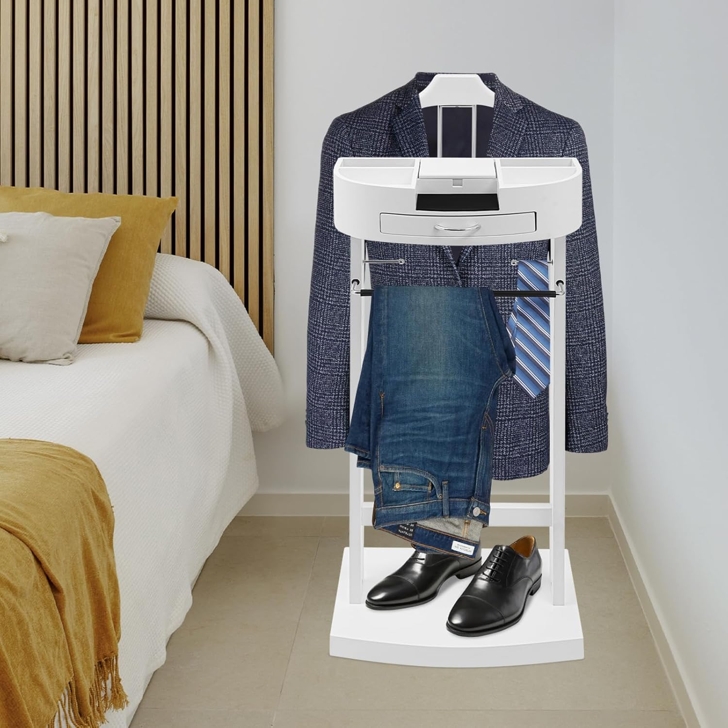 Suit Valet Stand White, Freestanding Clothes Rack with Velvet-Lined Drawer & Compartments, 66lbs Capacity, for Bedroom Hotel Entryway