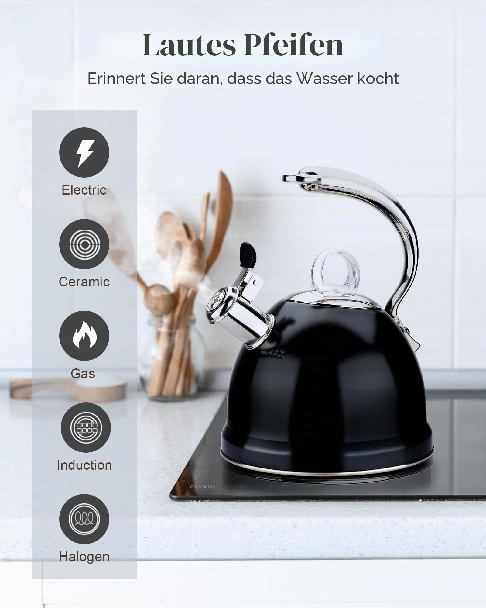 Harriet Teekessel, 2,5 QT Pfeifende Edelstahl-Teekanne, 3-lagiger Boden, einzigartiger ergonomischer Griff, inklusive Topflappen und Matte, Elektro-/Induktions-/Gasherde, Schwarz