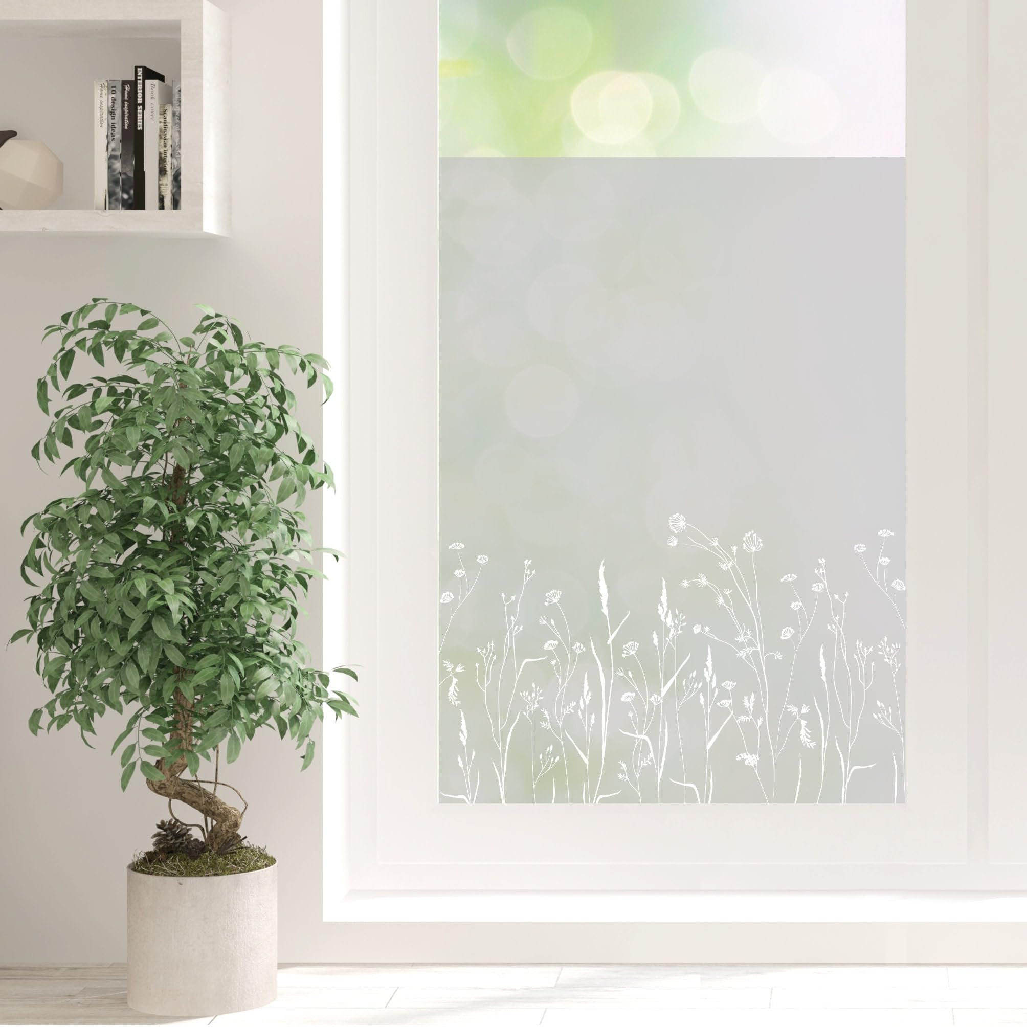 Sichtschutzfolie mit einer wilden Blumenwiese, Fensterfolie Fensterdeko Milchglasfolie, 55 cm hoch, 125 cm breit