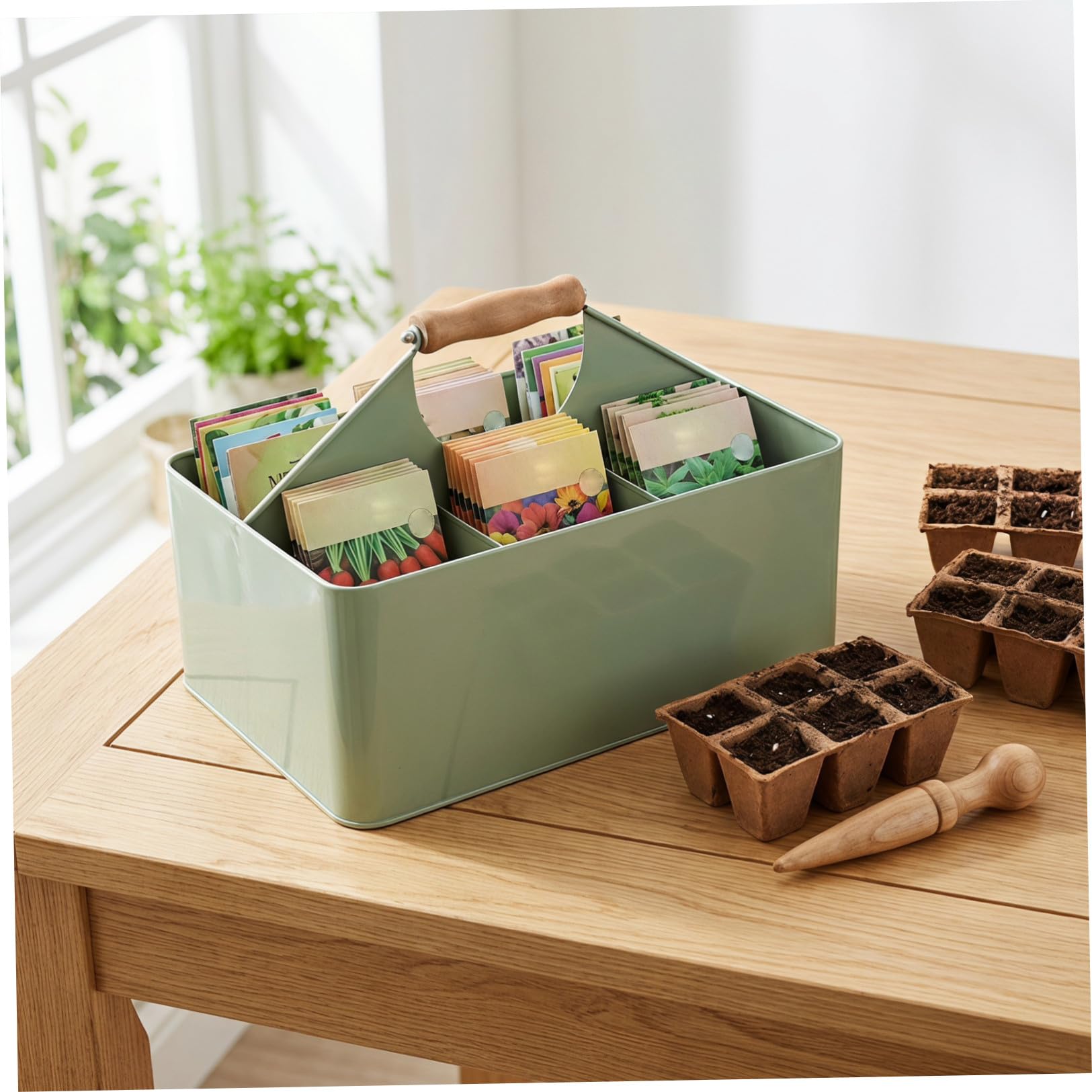 ABOOFAN Boîte de Rangement avec 4 Compartiments pour Graines de Jardinage en Fer Vert Poignée et Surface Lisse, Compacte et Facile à Nettoyer pour Balcon et Jardin Extérieur
