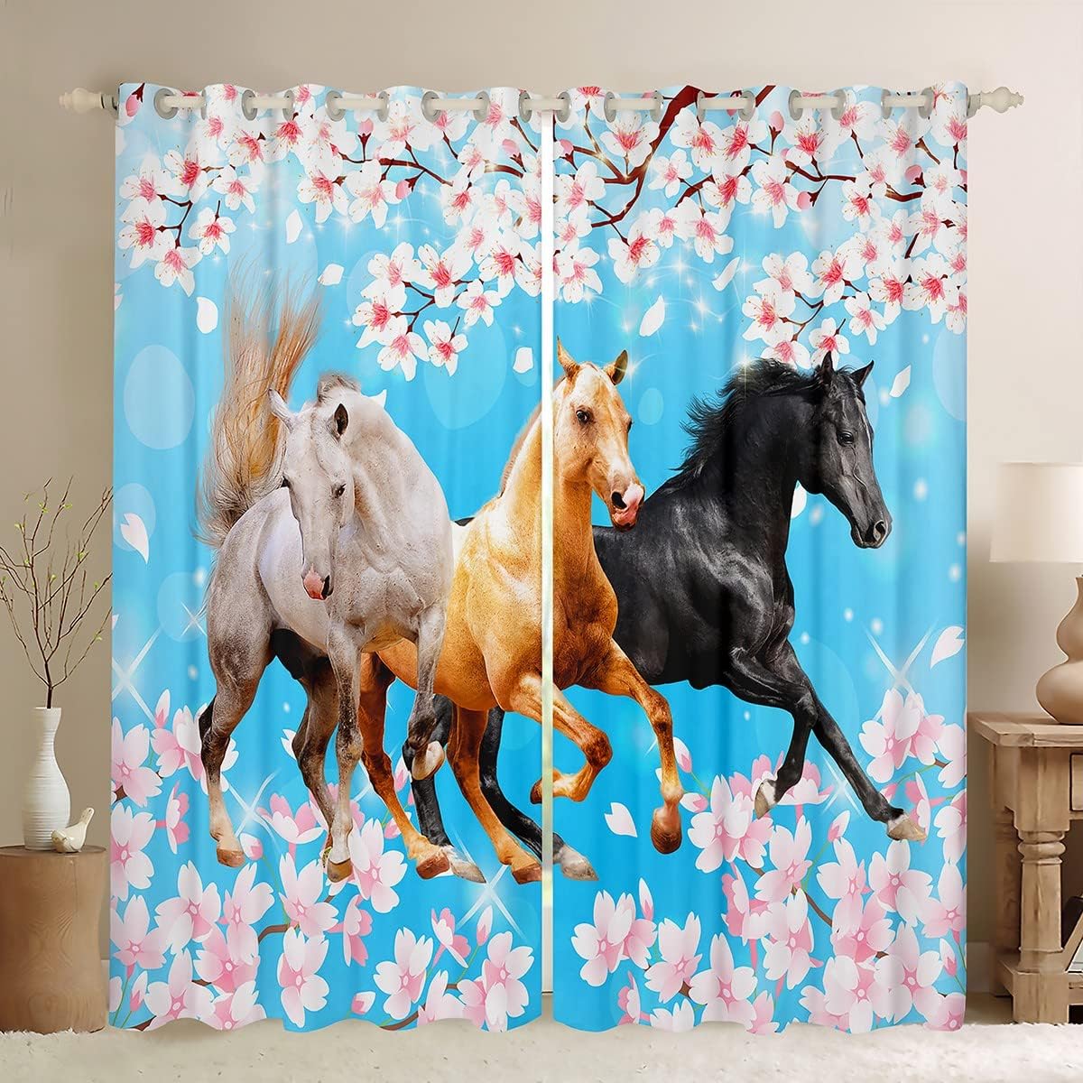 Feelyou Girls Horse Curtains Pink Cherry Blossom Window Drapes for Glitter Print (No Glitter) Blue Farm Horse Window Curtain Floral Galloping Horses Window Treatments (2 Panels? 42 x 63 Inch