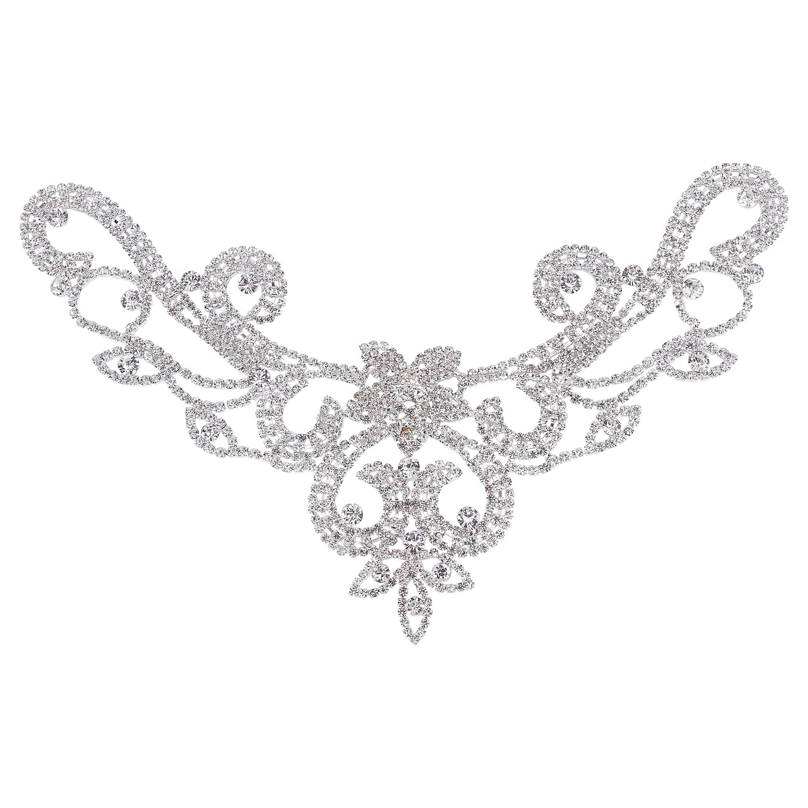 FINGERINSPIREFINGERINSPIRE V-Neck Neckline Crystal Applique Sew on Rhinestone Applique Silver Rhinestone Applique for Wedding Dress Neckline/Belt/Headpiece Rhinestones Gown Embellishments