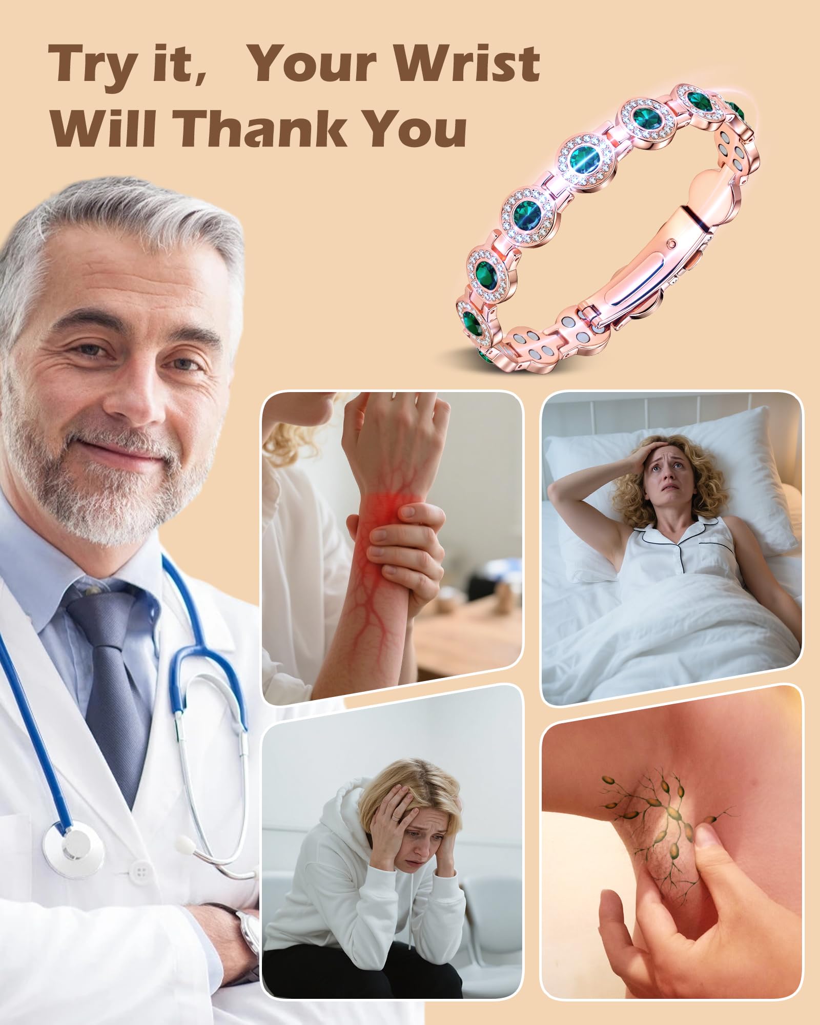 Jeracol Kupferarmband Dame, Magnetarmband mit je 4 Magneten pro Glied und kreisrunden Kristallen, 99% reines Kupfer, Schmuckgeschenk