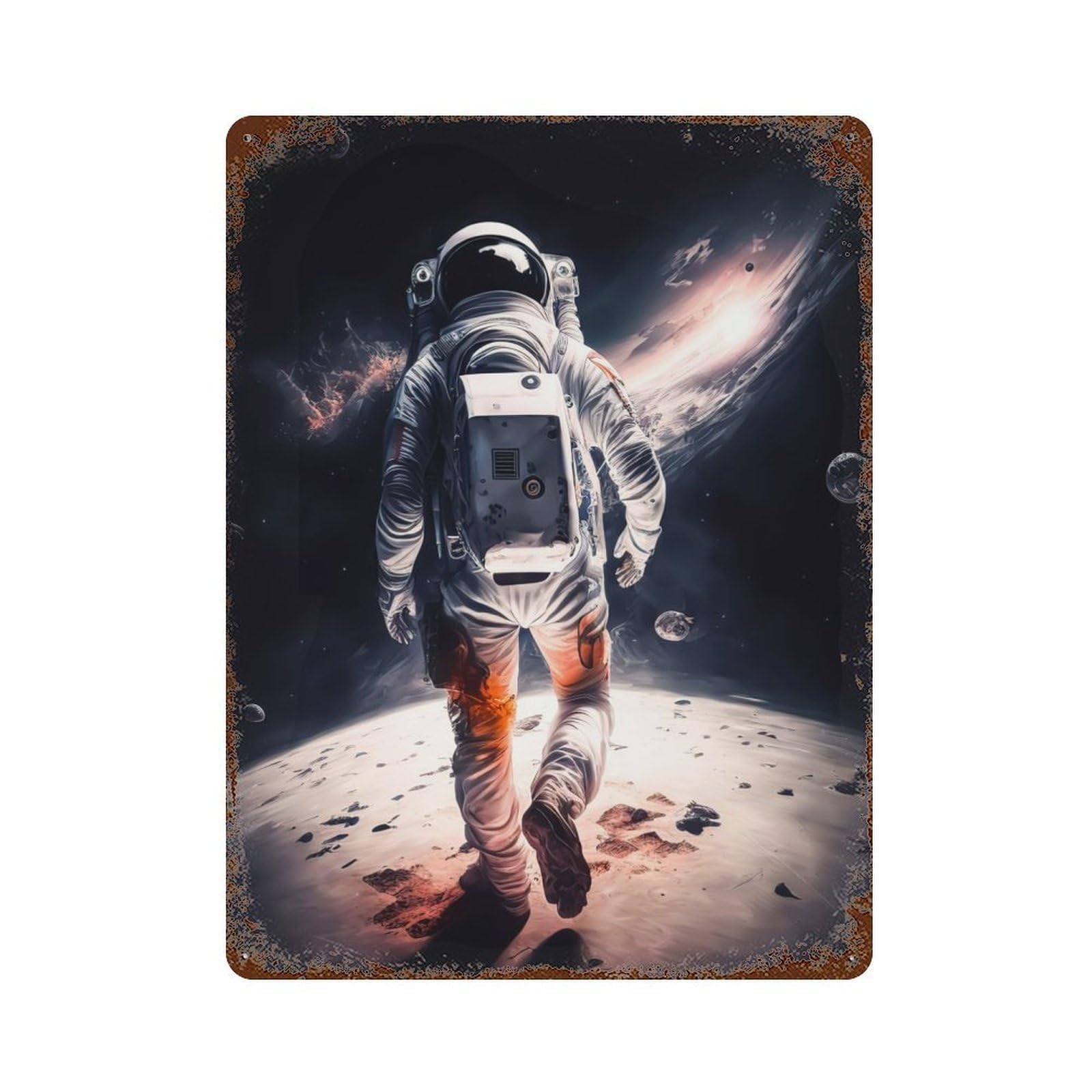 Garage Style Astronaut in Outer Space Rusty Metal Tin Sign 15.7"x11.8", Farmhouse Wall Decor for Bar And Workshop