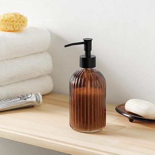 Miniatura 5 de Juego de 4 accesorios de baño de vidrio pesado con patrón decorativo prensado, incluye dispensador de jabón de mano, vaso, jabonera y soporte para