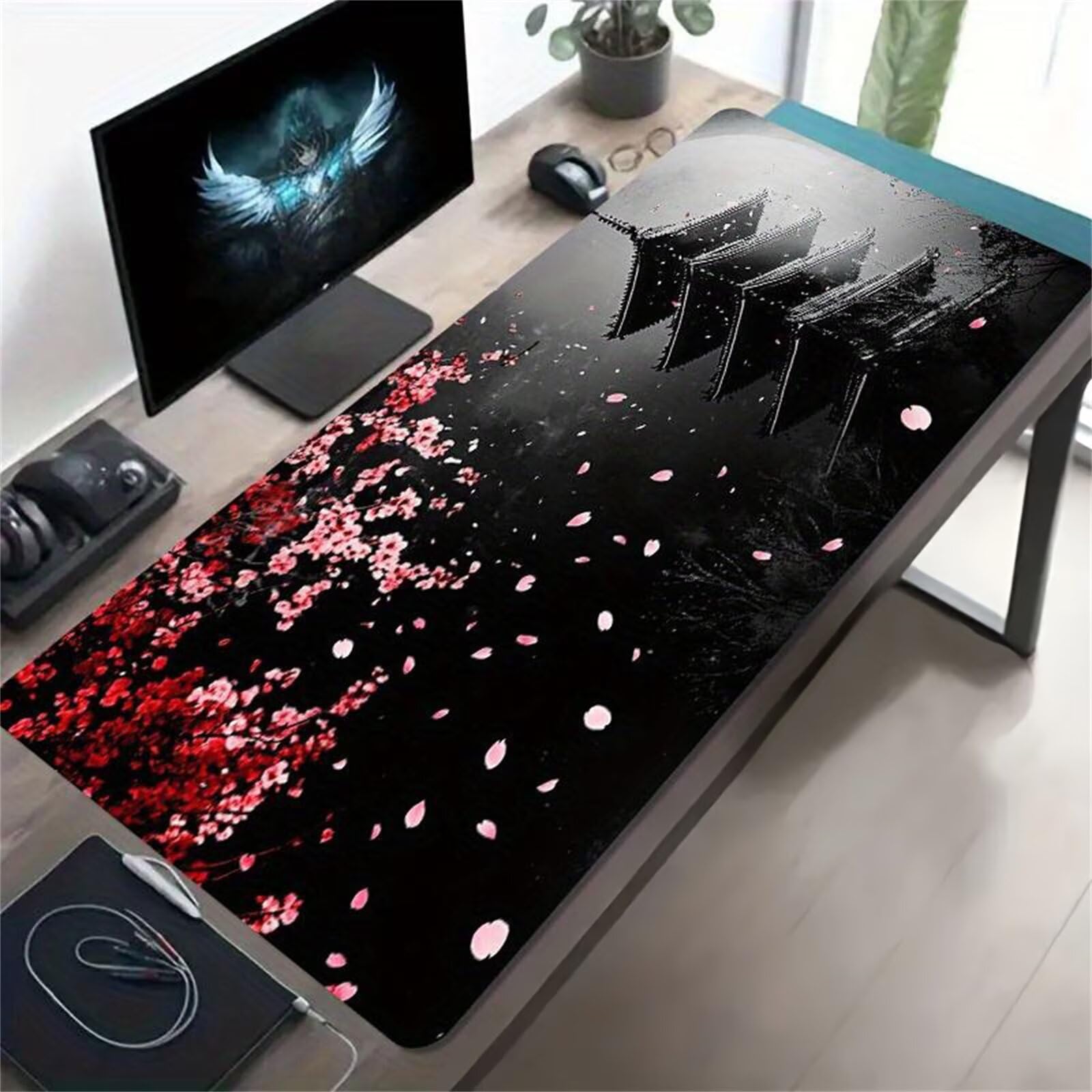 Tappetino per Mouse Gaming XXL 1200x600x2 mm, Mousepad Extra Large da Scrivania con Bordi Cuciti, Tappetino per Tastiera Antiscivolo, Superficie Ottimizzata per Sensori Ottici, Torre Petali Rosa