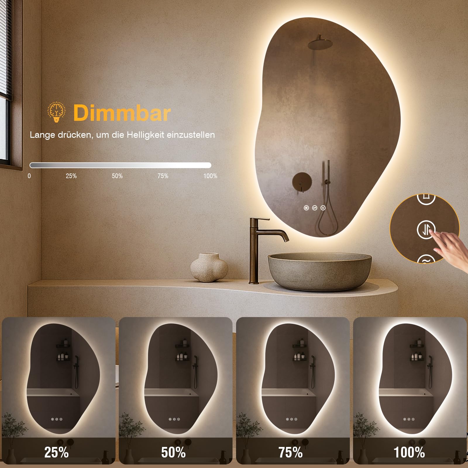 Spiegel mit Beleuchtung Asymmetrischer, LED Badspiegel mit Touch-Schalter, 3 Lichtfarbe, Dimmbar, Beschlagfrei Badezimmerspiegel mit Beleuchtung 80x 53cm