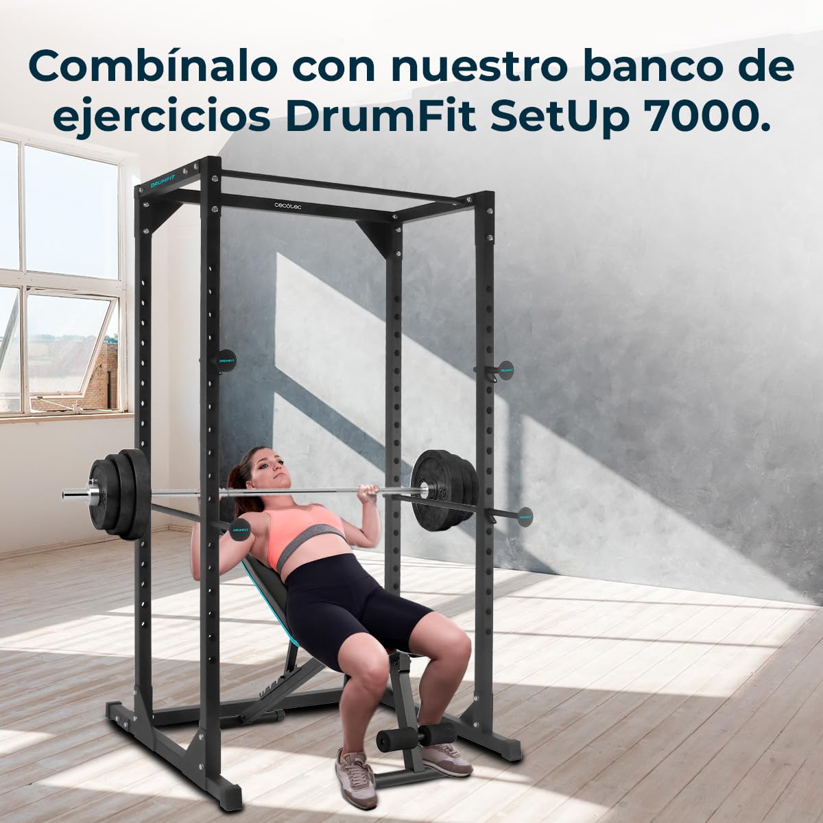 Cecotec Torre y Jaula Multiestación de Musculación, Rack de Dominadas y Fondos Drumfit PullUps 4000 Power Tower. Acolchado y con Agarres Antideslizantes, Altura Ajustable, Máximo Peso 120Kg
