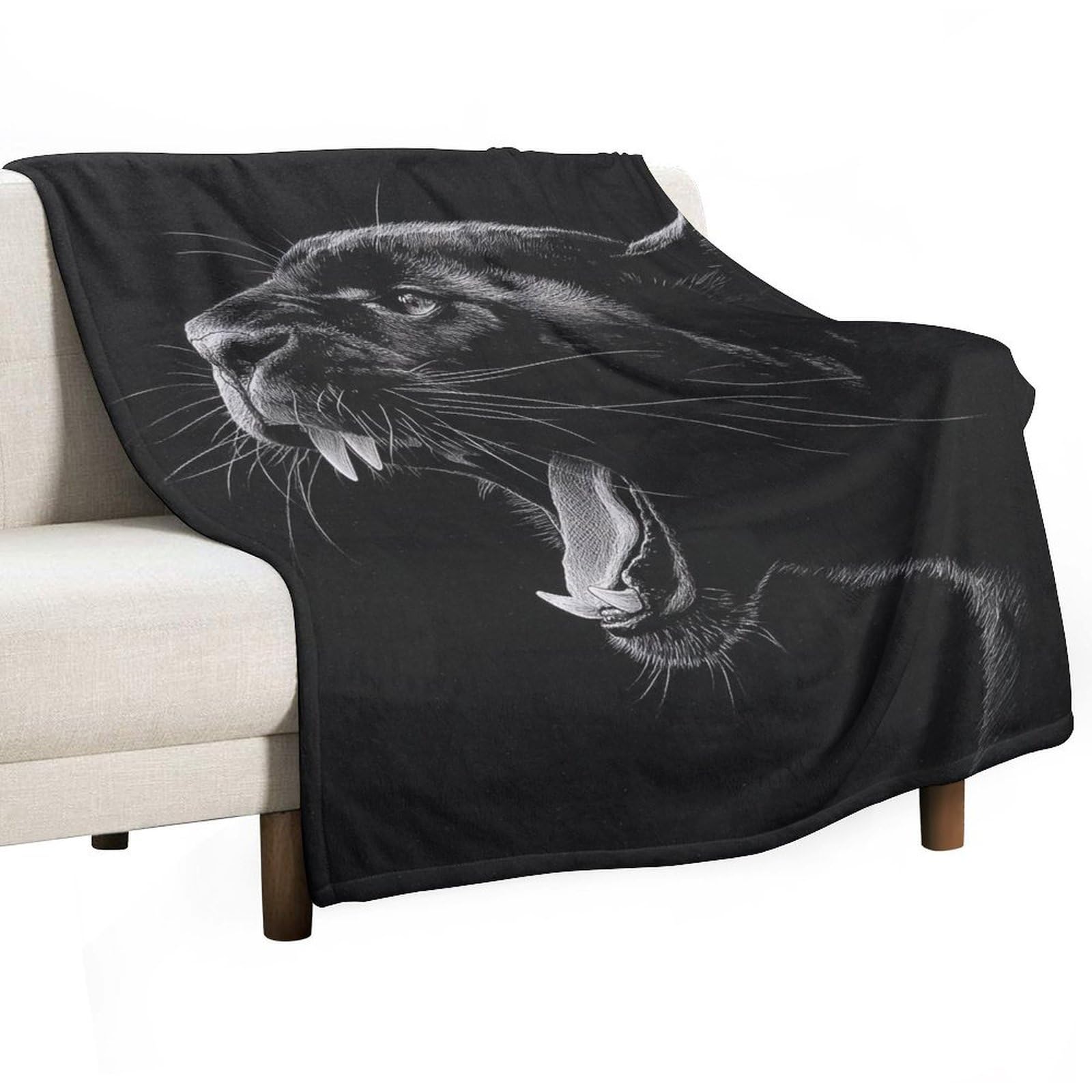 Couverture confortable Panther rugissante noire et blanche idéale pour vos soirées sur le canapé