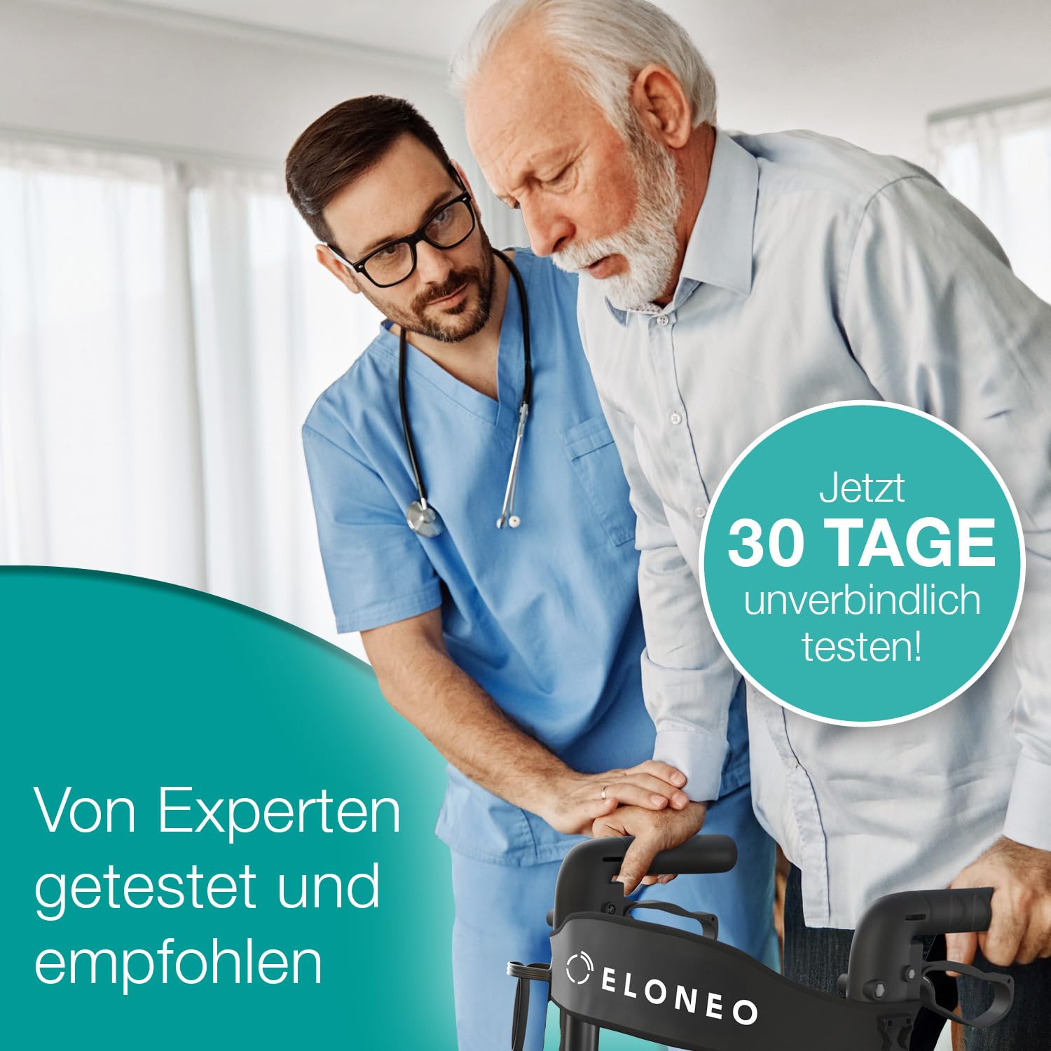 ELONEO Rollator faltbar und leicht mit Sitz, Outdoor Rollator mit Luftbereifung inkl. Sitzfläche, Rückengurt, höhenverstellbare Gehhilfe aus Aluminium inkl. Tasche und Stockhalter Silber