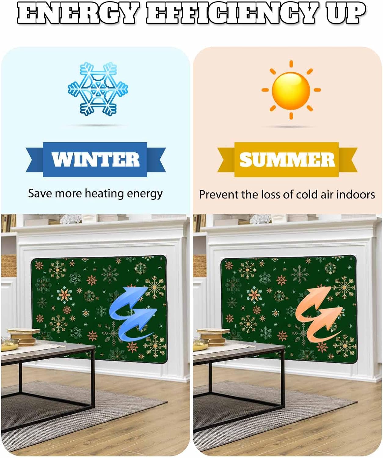 Christmas Snowflakes Fireplace Screen Magnetic Fireplace Cover for Living Room Washable Indoor Fireplaces Draft Cover Christmas Fireplaces Screen, Winter Xmas Geometric Green 36"x27"