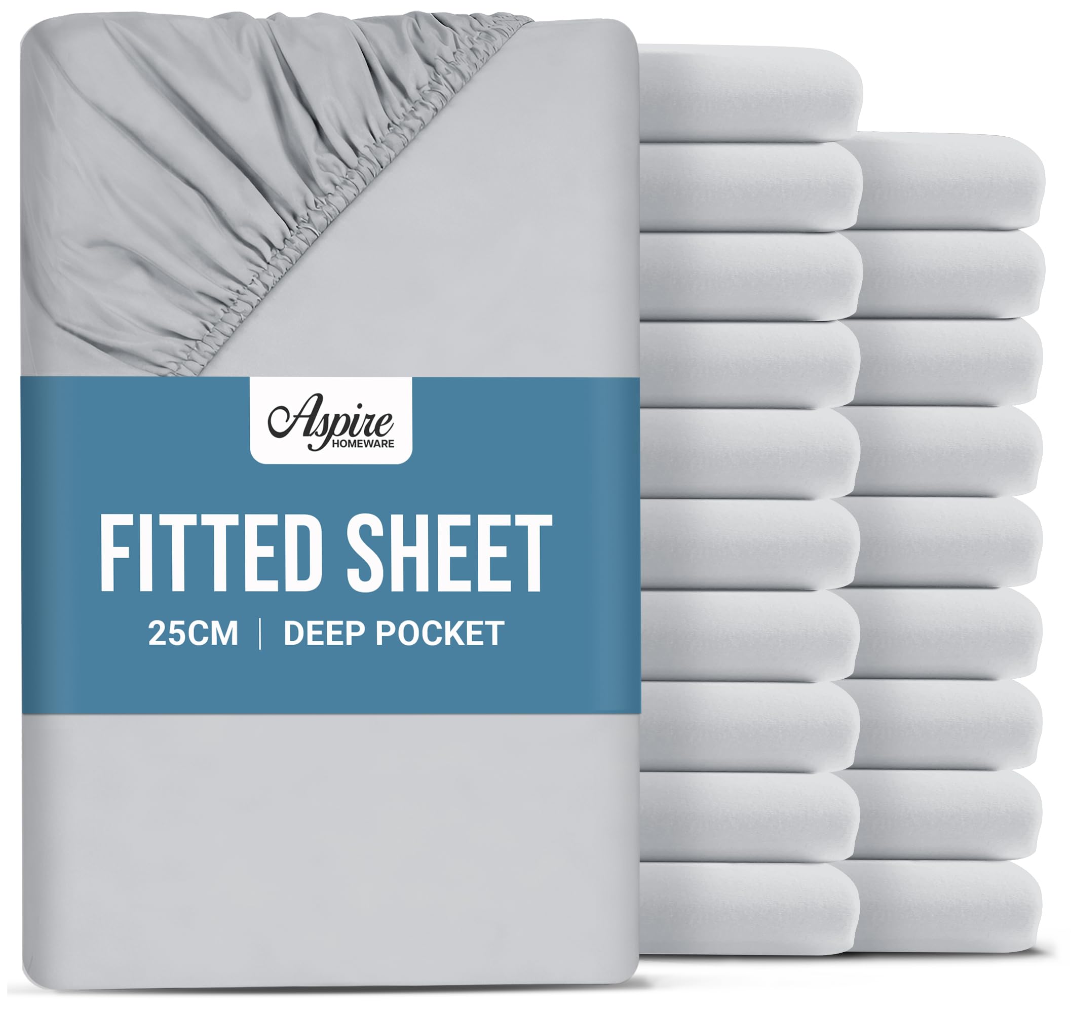 Aspire Homeware Double Fitted Sheet 20 Pack - 25 cm Deep Hotel Quality (Silver) Bed Sheets - Soft & Breathable Fitted Bed Sheets Double - Anti-Wrinkle Easy Care Fitted Sheets โ image 1