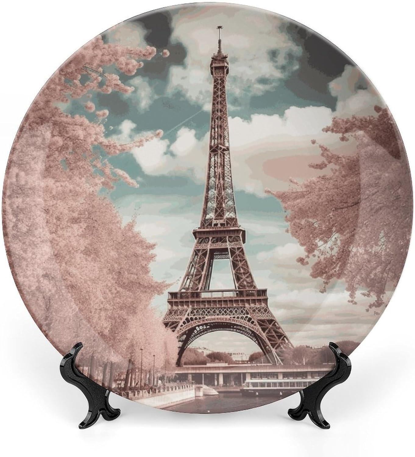 Vintage Style Eiffel Tower Paris Decorative Plates for Display Round Porcelain Plate Living Room Table Ceramic Hanging Decorative Plate Art Decor for Living Room Table with 1 Display Stand 8in