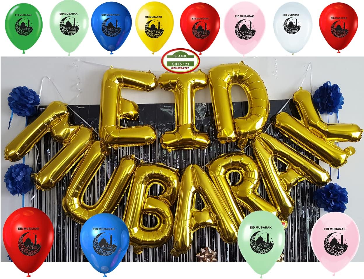 40 Pcs Eid Mubarak Balloon Banners |Eid Decoration | Gold Air Mylar Balloons + Eid Helium Balloons | Happy Eid Islamic Wall Decoration Eid Party Supply Ramadan Decor Muslim Holiday Islamic Gifts 123