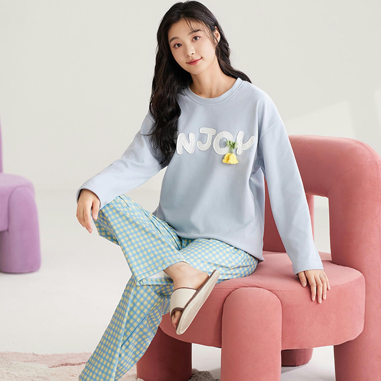 Pigiama Donna Set Pigiama da Donna A Maniche Lunghe - Autunno Inverno Caldo Girocollo Pullover Casual da Casa E Abbigliamento Esterno-d-m