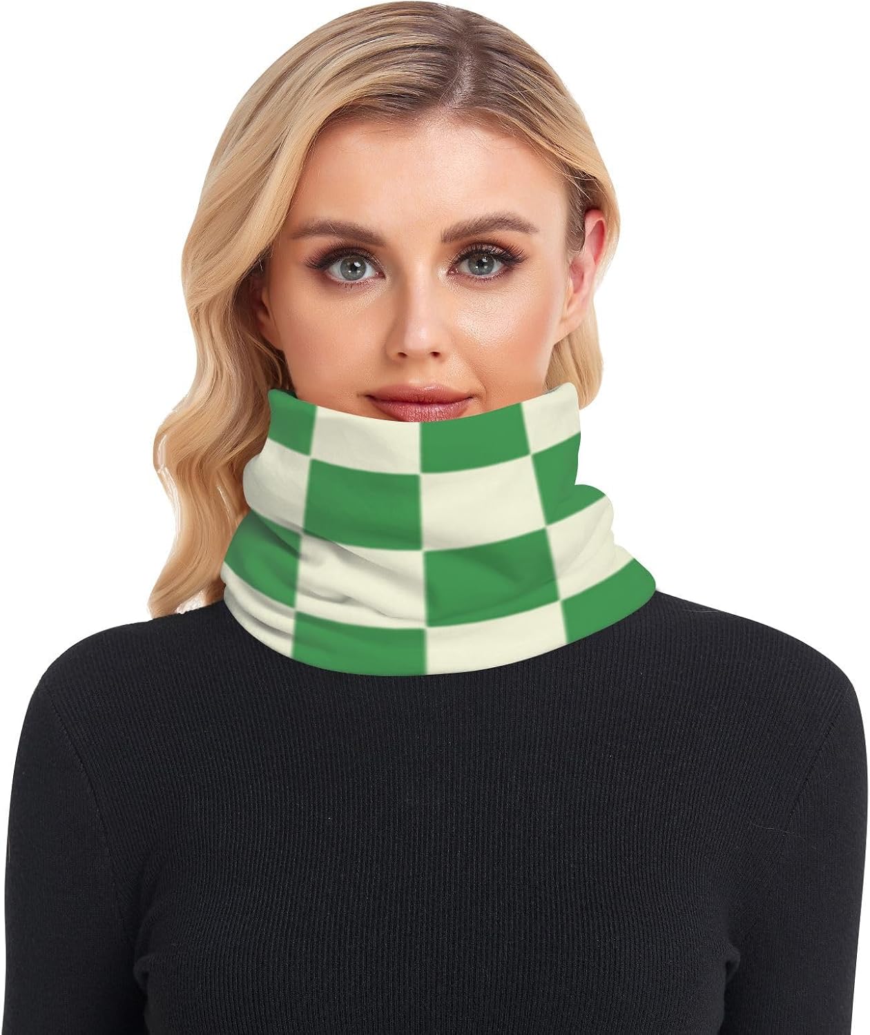 Green Beige Checker Plaid Winter Knitted Neck Gaiter for Cold Weather Outdoor Sports Ski Face Scarf Soft Thick for Men & Women
