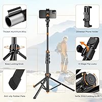 Vista 6 de Trípode para teléfono, trípode de 70 pulgadas para teléfono, soporte de trípode para selfie stick para grabar video fotos, vlog, trípodes de viaje
