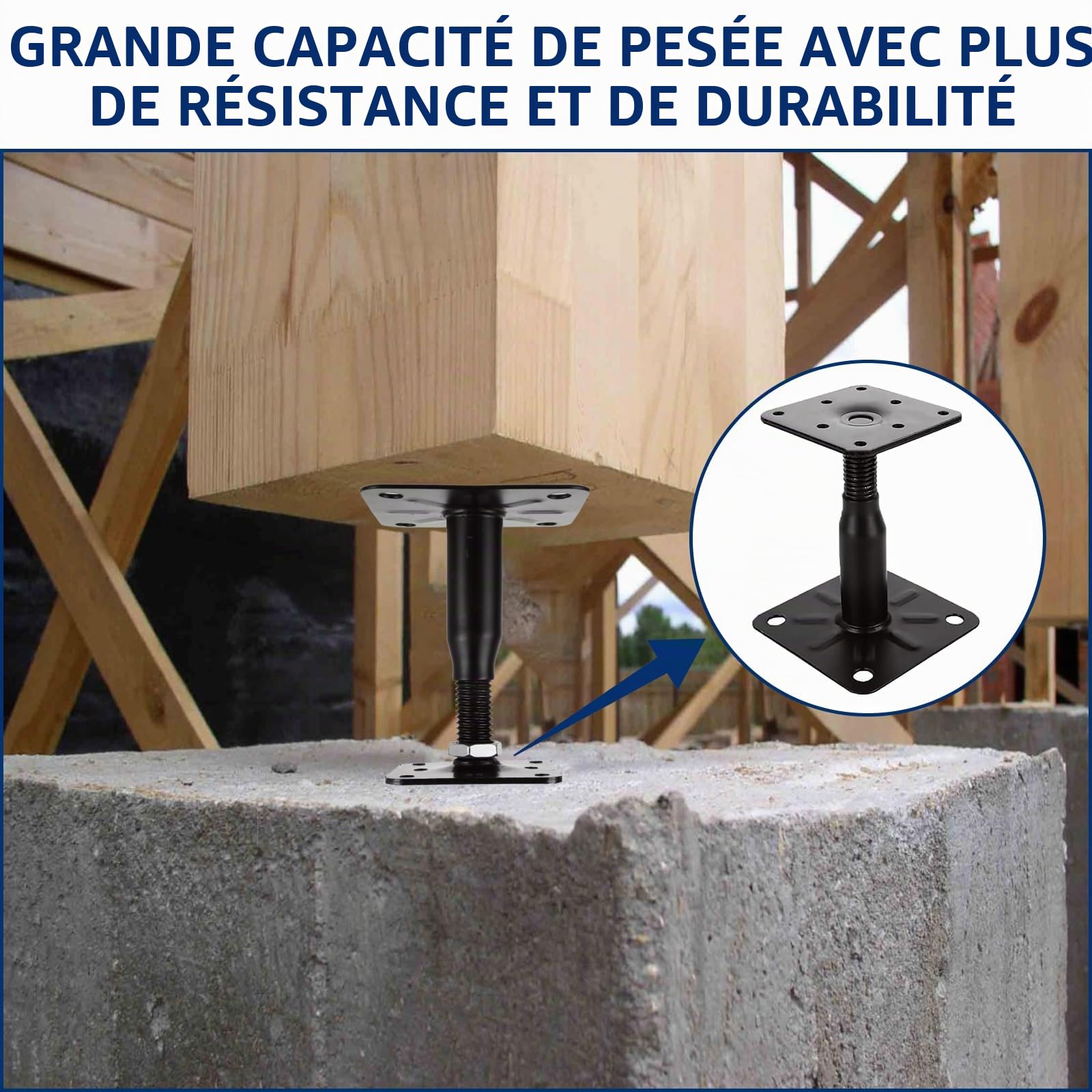 AKOLAFE Lot de 4 Pied de Poteau Reglable 100 à 150 MM Support de Poteau Reglable Support Poteau Bois Galvanisé avec Vis 75 x 95 mm Embase Pied de Poteau Vissé pour Terrasses, Abris, Gazebos